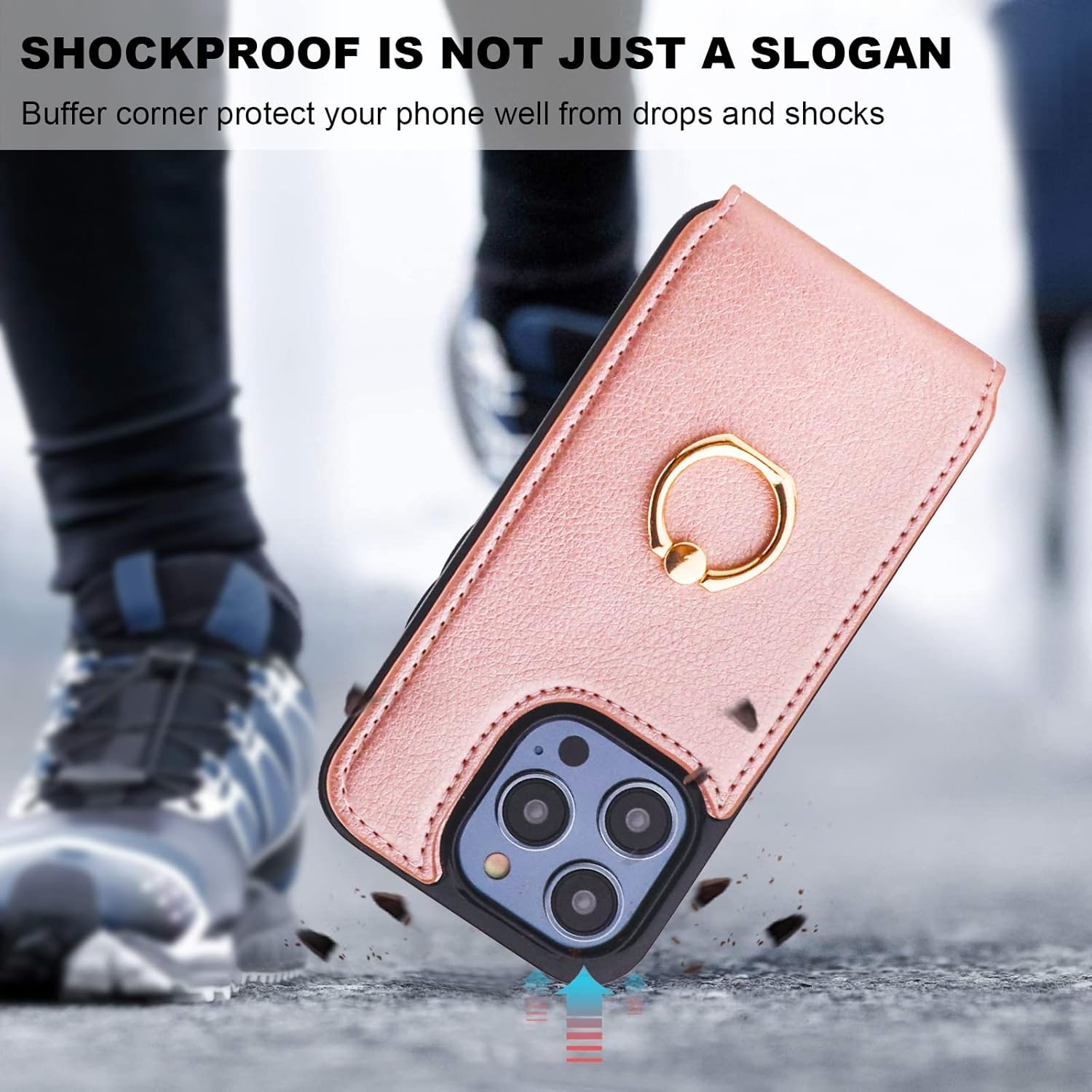 Folosu Compatible with iPhone 14 Pro Case Wallet with Card Holder, 360°Rotation Finger Ring Holder Kickstand, RFID Blocking Leather Protective Double Buttons Shockproof Cover 6.1 Inch Rose Gold