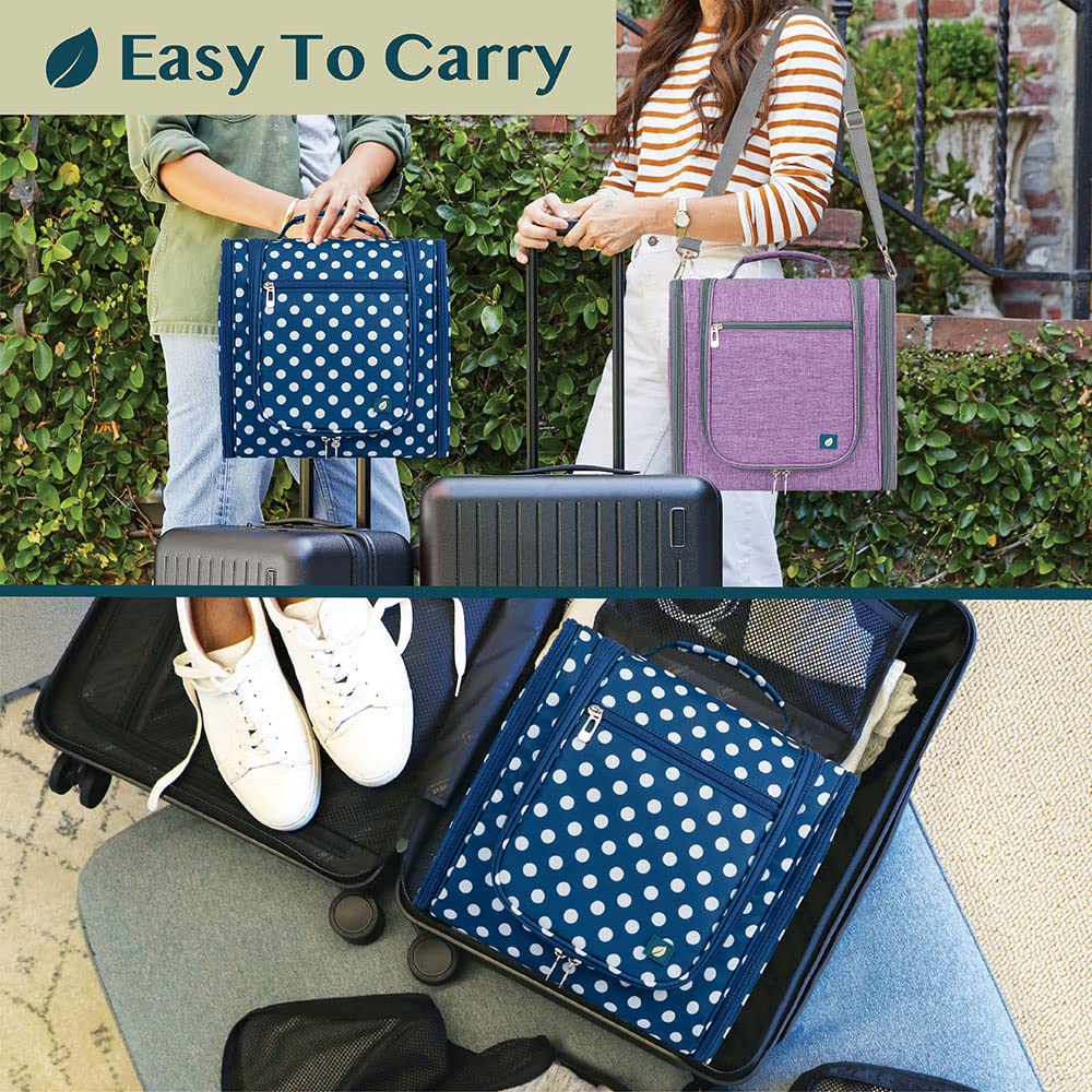 PAVILIA Large Hanging Toiletry Bag for Women Men, Travel Toiletry Bag Organizer for Toiletries, Cosmetics, Makeup Bag with Mesh, Water Resistant Pockets (Navy Polka Dot)