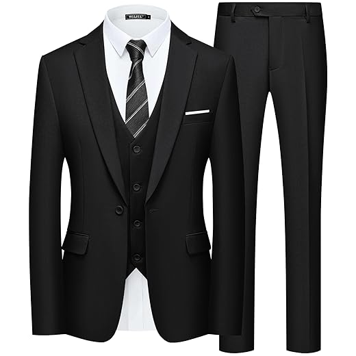 WULFUL Men’s Slim Fit Suit One Button 3-Piece Blazer Dress Business Wedding Party Jacket Vest & Pant