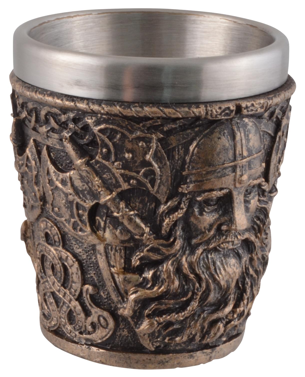 VOGLER Joh. Vogler GmbH Lot de 4 verres à shot en forme de tête de viking, avec insert en acier, en pierre artificielle, peint à la main, couleur bronze, volume : 50 ml