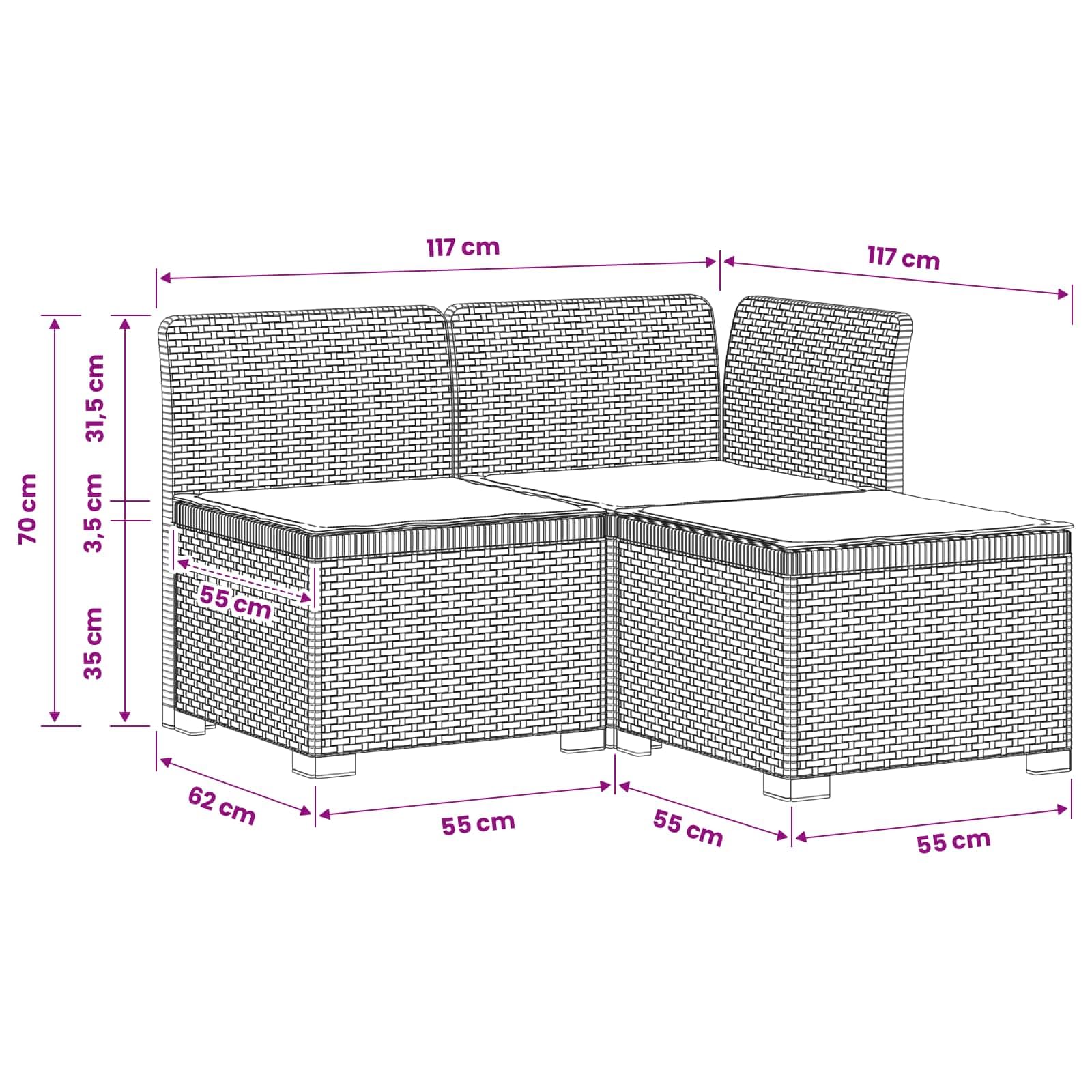 Sofá de jardín de 3 plazas con cojines en color blanco, aspecto de ratán PP, resistente a la intemperie y a los rayos UV, para terraza, balcón, jardín de invierno y exterior para relajarse