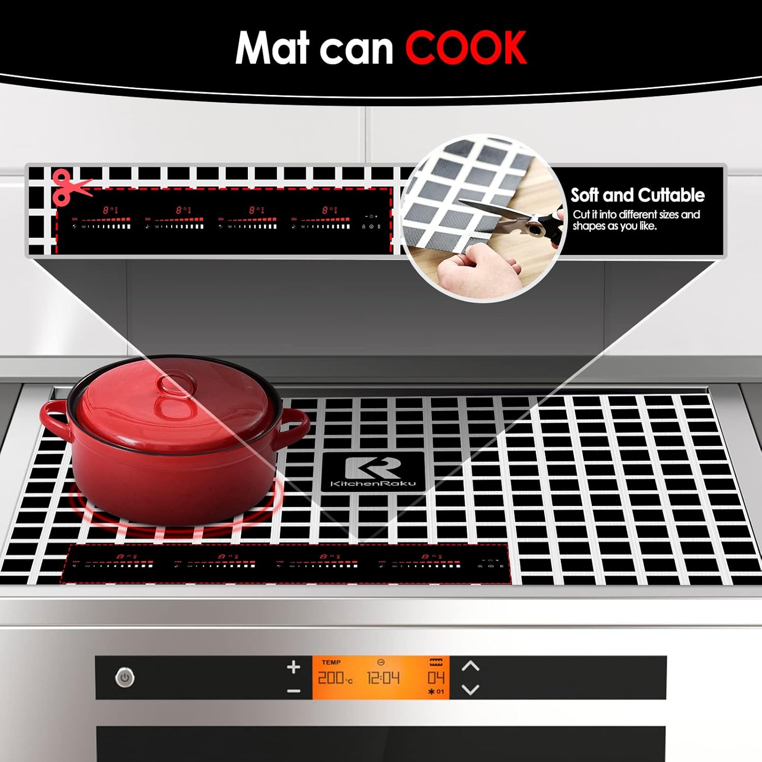 KitchenRaku Large Induction Cooktop Protector Mat with Plastic Bowl Scraper, (Magnetic) Electric Stove Burner Covers Antiscratch as Glass Top Stove Cover or Electric Stove Top (20.4" x30.7", Black_White): Home & Kitchen