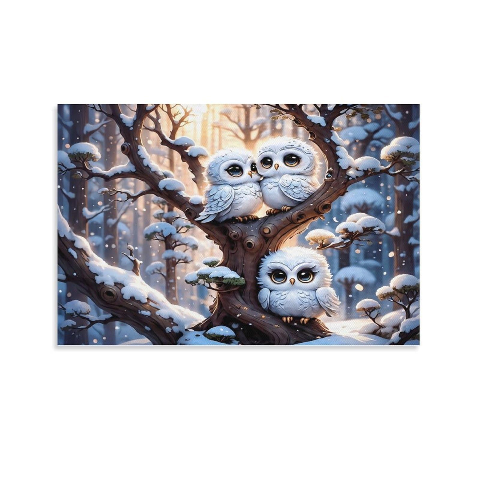 CPLVKWRQJ Snowy Owl Family Single Three Fluffy Owls Snowy Sunlit Woodland Tree Framed Canvas Wall Art - Kitchen Removable Wall Art Multi-Purpose Focal Point Decor 12x18inch(30x45cm)