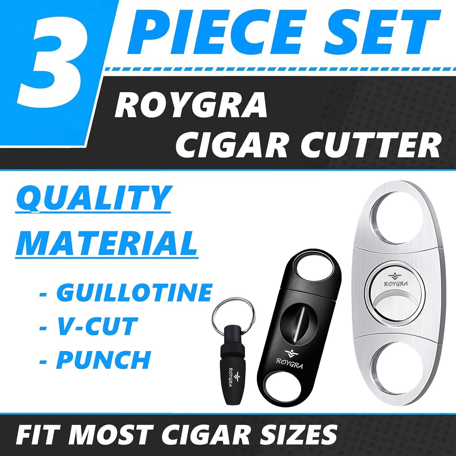 roygra Cigar Cutter Set, Guillotine, Enlarge V-Cut, Cigar Punch - 3 Pack (Bronze)