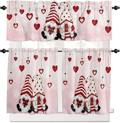 Juego de cortinas de cocina de San Valentín cortas de 36 pulgadas de largo juego de cortinas y cenefa de gnomos color rosa degradado cortinas de