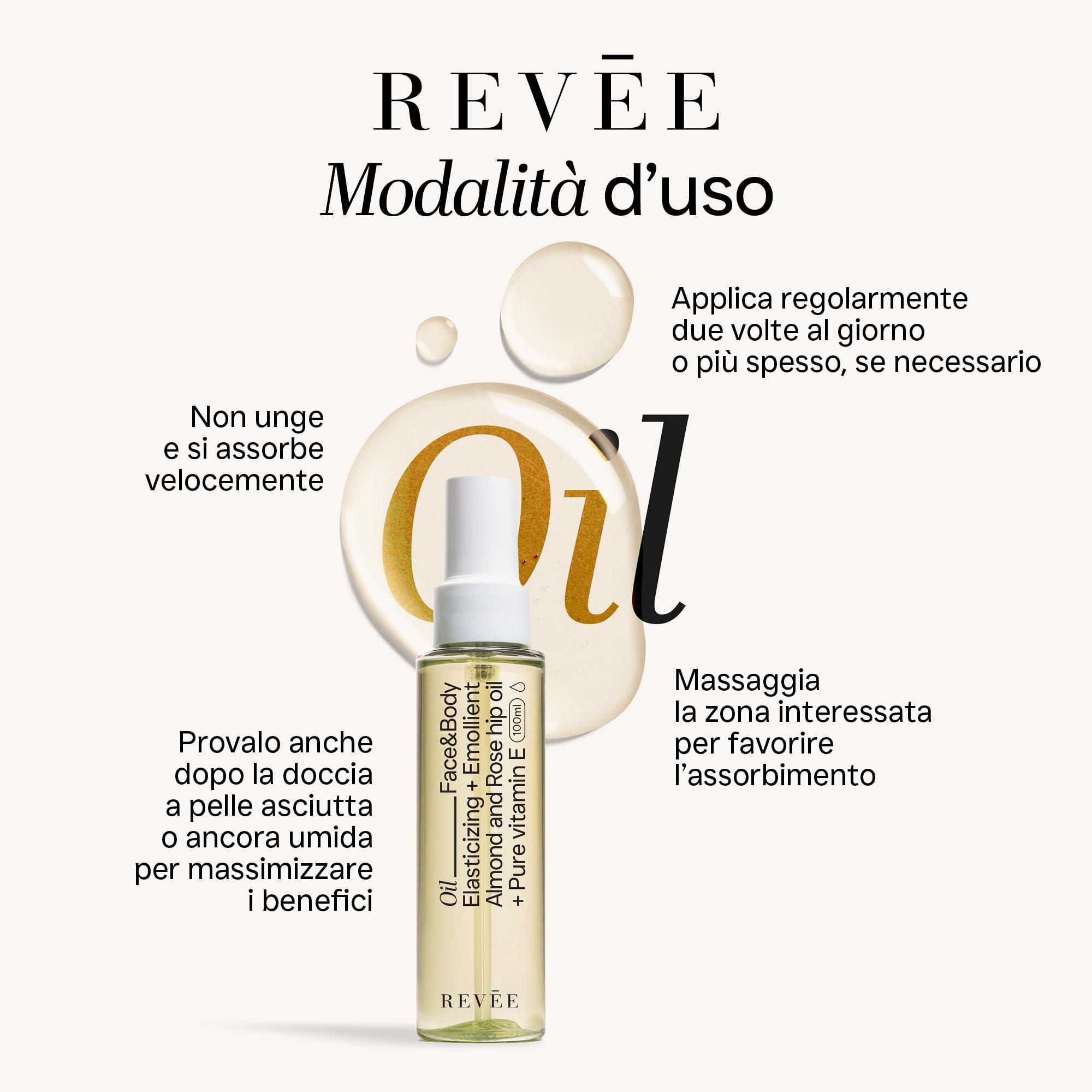 REVÉE OIL, Olio Secco Corpo e Viso - Mandorle, Rosa Mosqueta e Vitamina E – Elasticizzante, Lenitivo – Ideale per Pelle Secca, Cicatrici, Smagliature – 100 ml