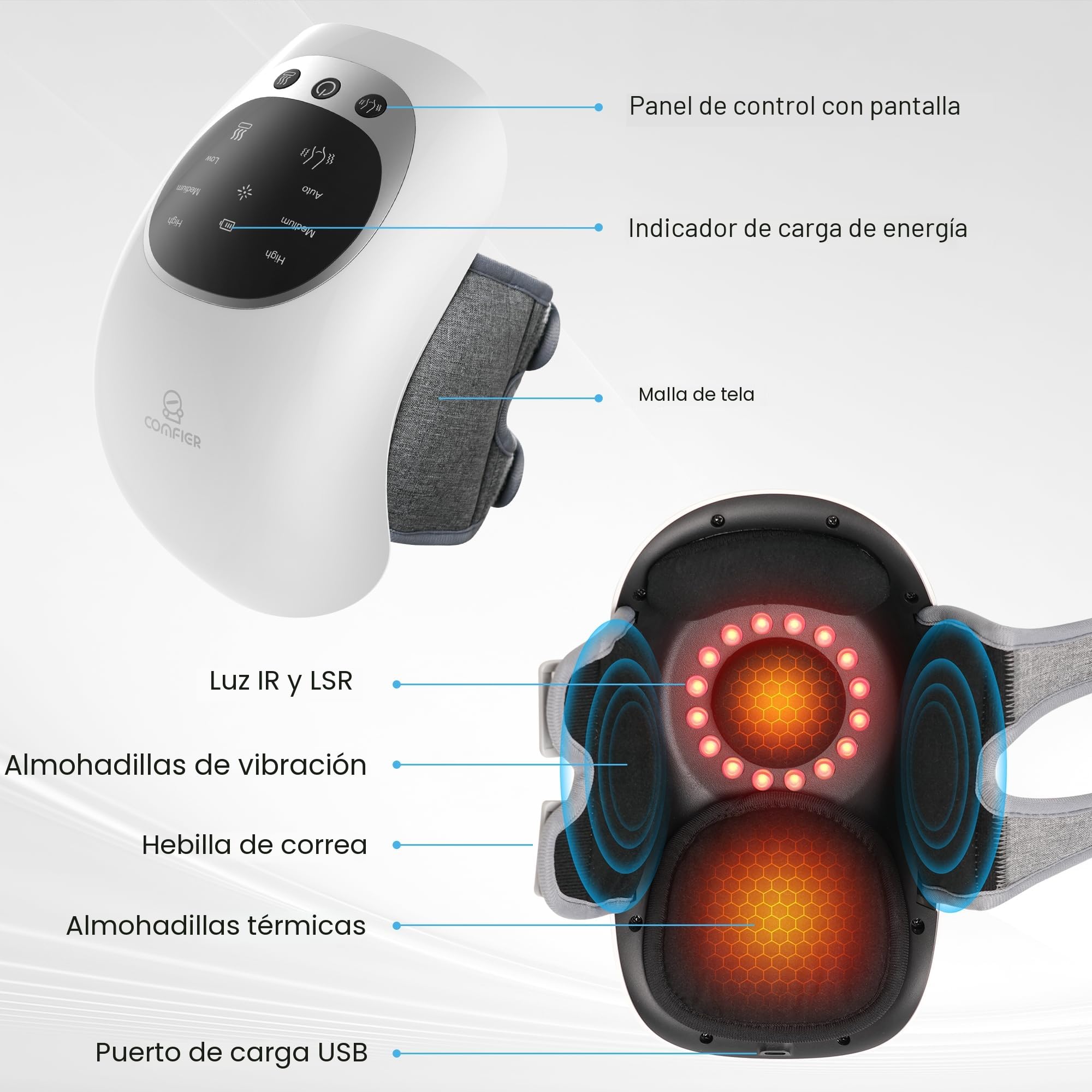 COMFIER Masajeador de Rodilla Inalámbrico con Calor, Masaje Rodilleras por Vibración, Rodillera Calentable con Pantalla LED Grande, Correas Ajustables, Regalo para Hombres y Mujeres