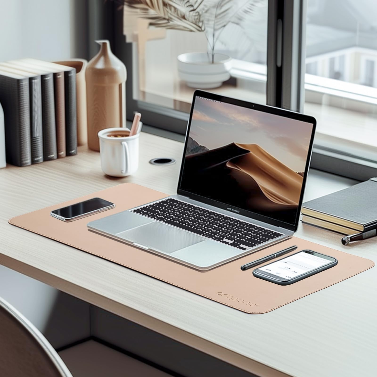 AROPANA Vegan Leather Desk Mat 60x35cm | Large Reversible Mouse Pad & Computer Table Protector | Dual-Side Waterproof Extended Laptop Pad with Edge-Stitched Design (Apricot and Orange) 1
