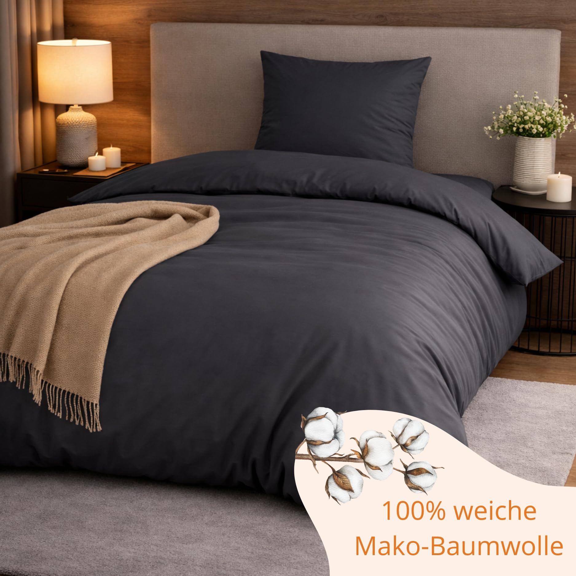 sleepling Satin Bettwäsche, 2-teiliges Set: 1x 155x220cm Bettbezug & 1x 80x80cm Kissenbezug, 100% Mako Baumwolle, Wendebettwäsche, Seidig Weich, Oeko-TEX, Made in EU, Waschbar bis 60 Grad, Anthrazit