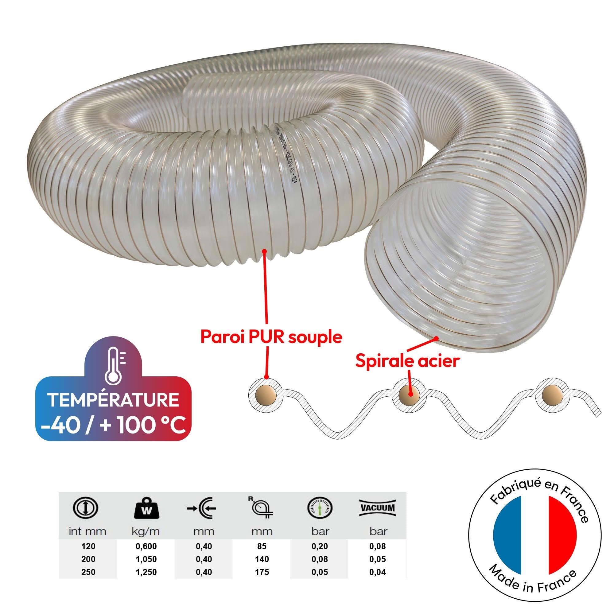 Gaine flexible d'aspiration en polyuréthane pour aspirateur à copeaux haute résistance - Longueur 5 mètres - Diamètre 120 mm mm