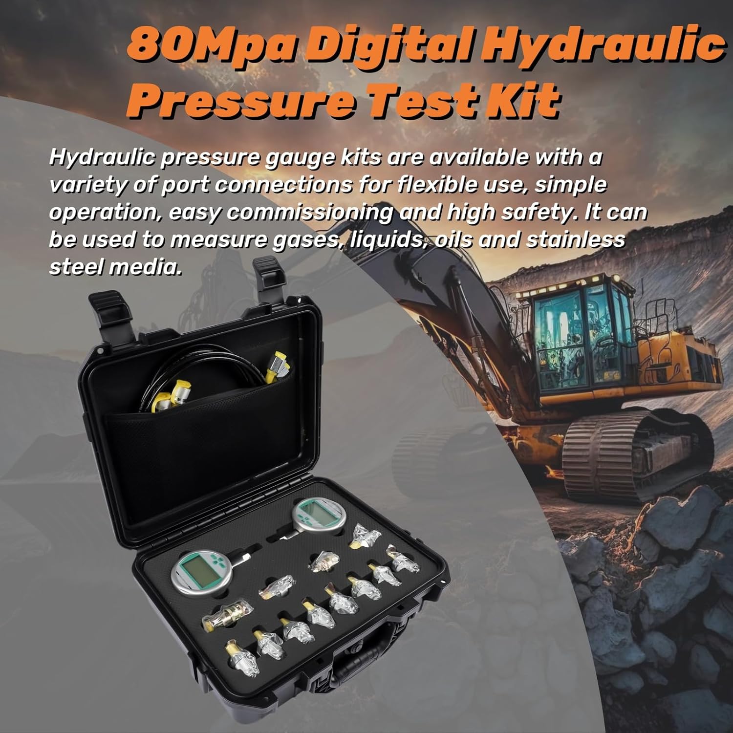Digital Hydraulic Pressure Test Kit, Excavator Hydraulic Pressure Gauge Tester Set with 2 Test Hoses 12 Couplings, 2 Pressure Gauges(16MPa/80MPa) Mixizap