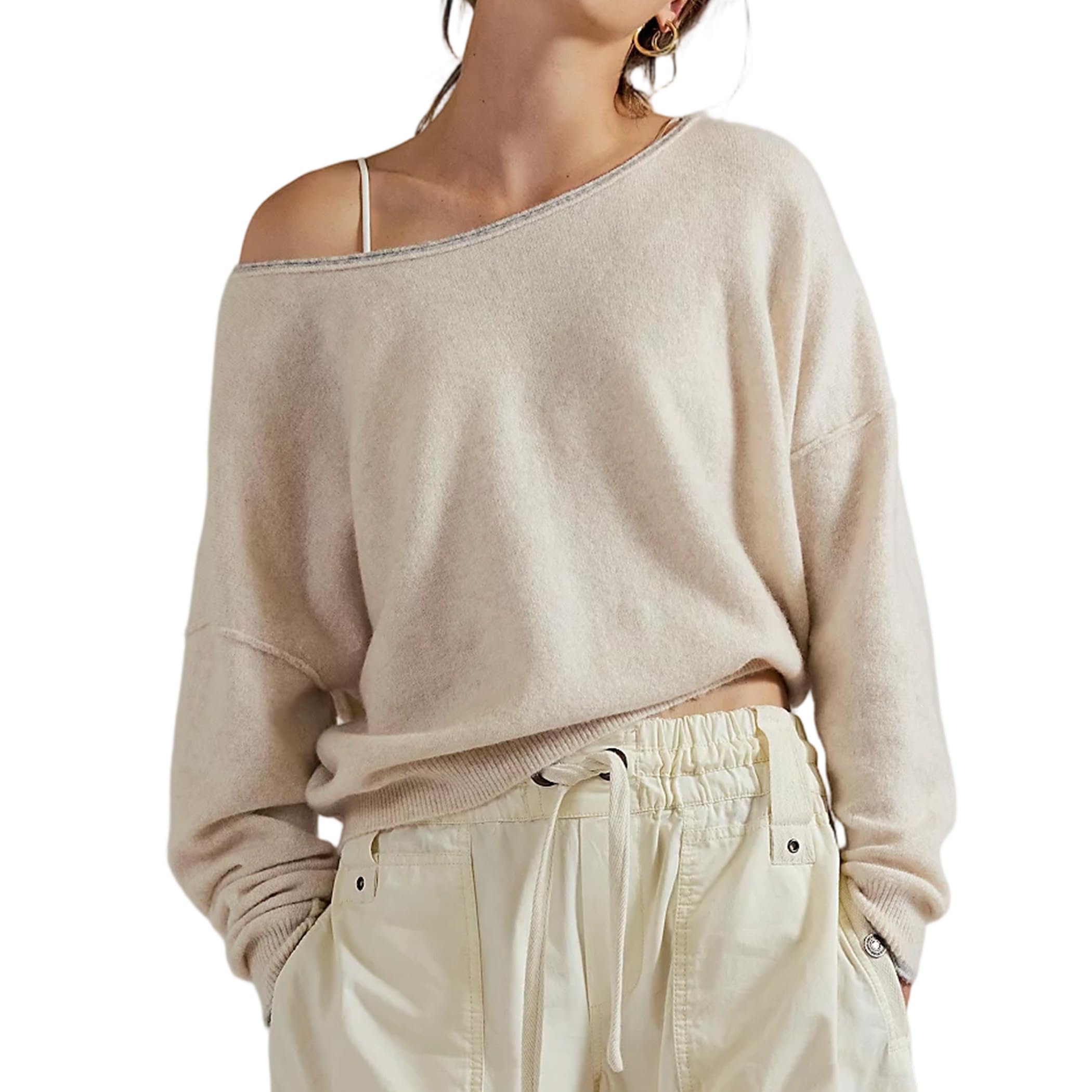 Womens Off The Shoulder Sweater Long Sleeve Boat Neck Knit Pullover Tops Oversized Casual Fashion Fall Clothes