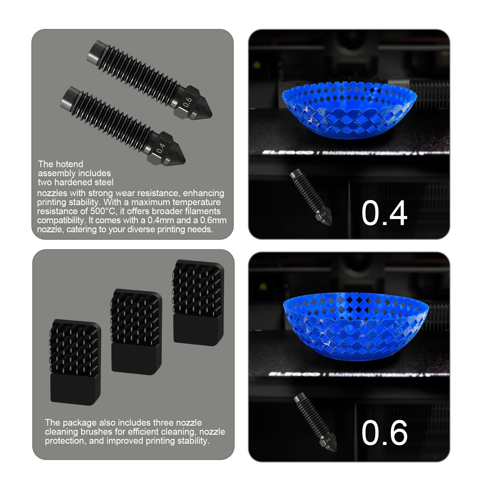IdeaFormer Centauri - Set di 6 hotend in carbonio per Elegoo, estrusore testina di stampa hot end con ugello in acciaio temprato da 0,4 mm e 0,6 mm, 3 spazzole per Elegoo Centauri Carbon