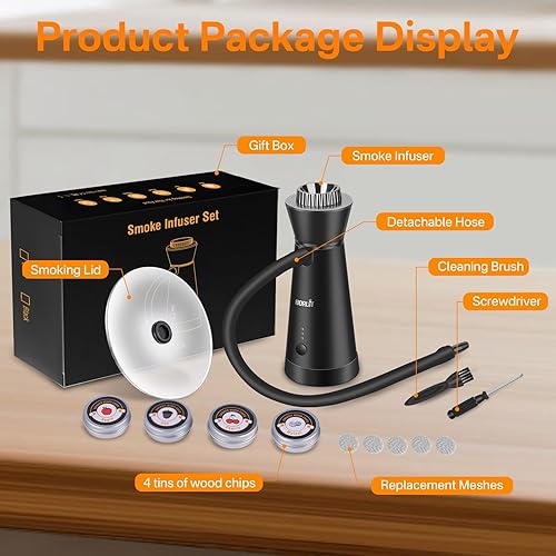 Miniatura 5 de BORUIT Kit de ahumador de cócteles, pistola de ahumar alimentos con tapa de taza y chips de madera de 4 sabores, infusor portátil de mano para