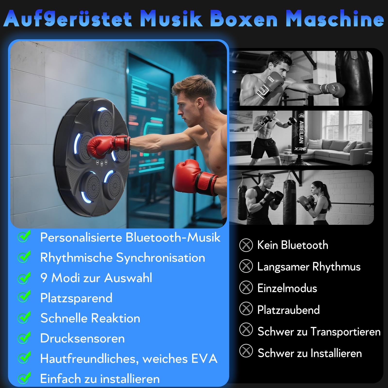 Music Boxing Machine, LED Licht Box Wand mit Musik Box Maschine mit Boxhandschuh, 9 Geschwindigkeitsmodi & Zählmodus Musik Power Boxing Boxautomat, Bluetooth Musical Boxmaschine für Kinder