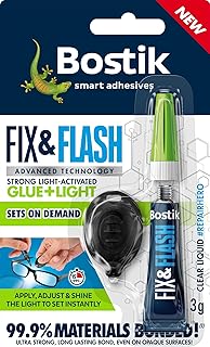 Bostik Fix & Flash Strong Light-Activated Glue, Bonds 99.9% of Materials, Solvent Free, 3g Tube