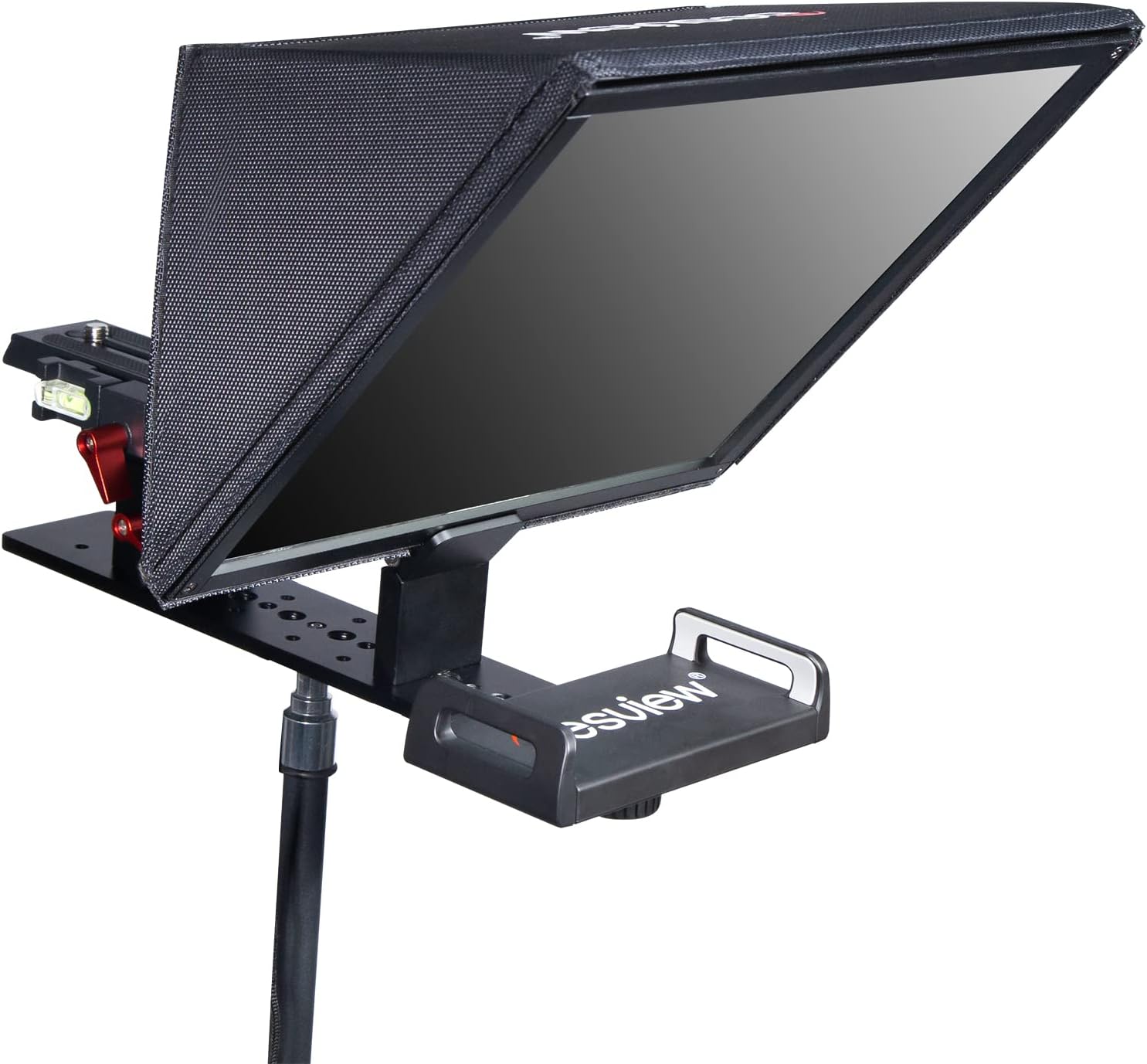 Front view of the Desview T12 teleprompter, showcasing the clear beam splitter glass and the reflection of a tablet screen.