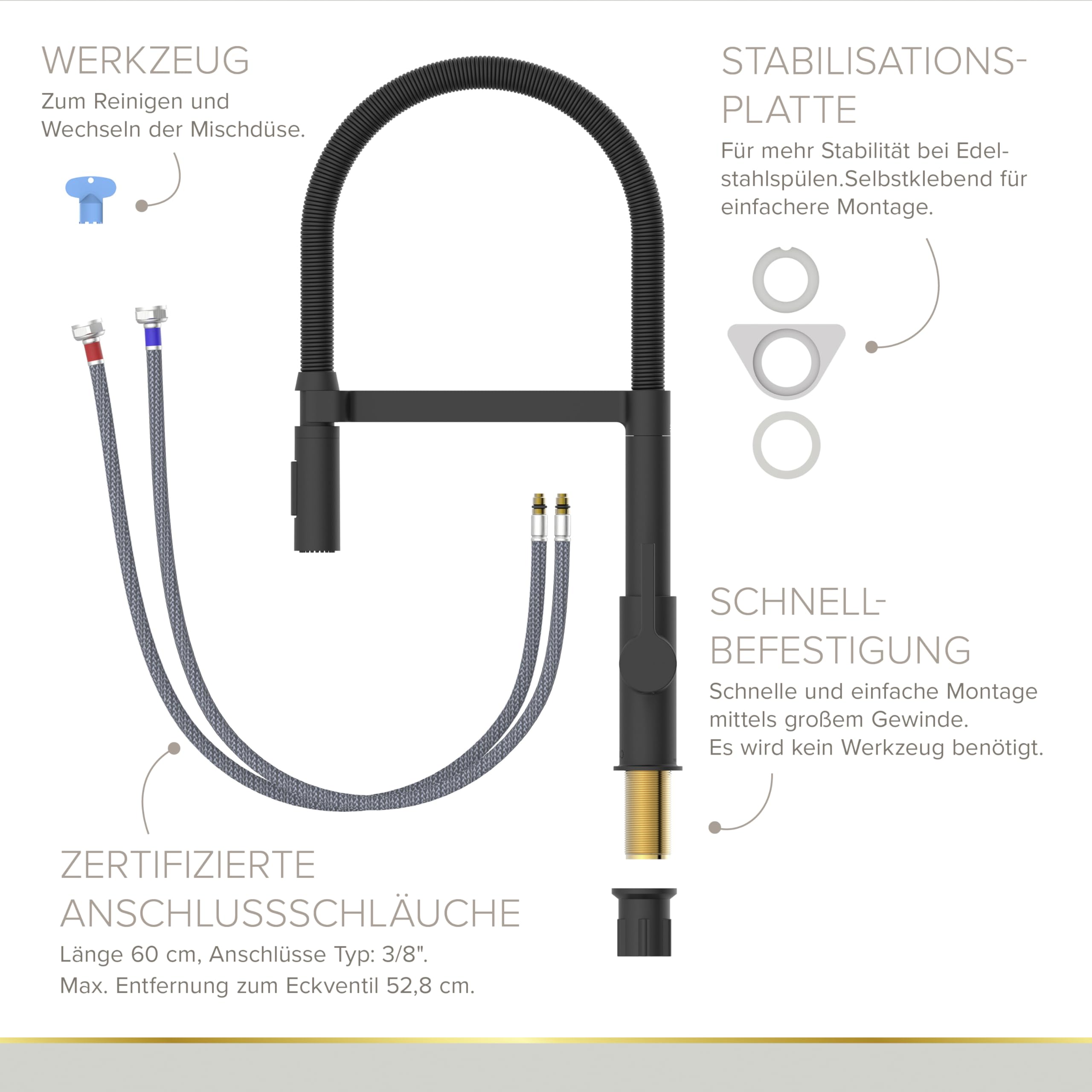 Lenz Küchenarmatur ALUNA in Schwarz-matt – Federbrause, 360° schwenkbar | Pendelbrause, 2 Strahlarten, Magnetische Halterung, Anti-Fingerabdruck Oberfläche, Schnellbefestigung, Höhe 47,5 cm, 46070551
