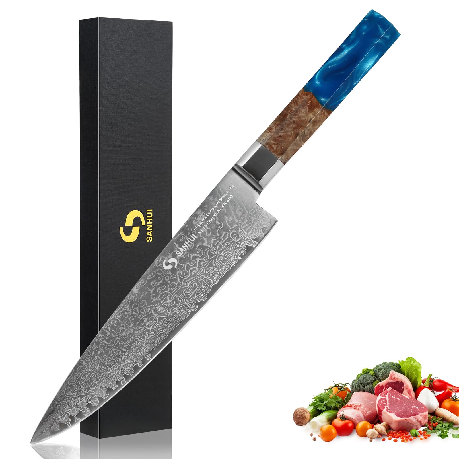 SANHUI 8" Damascus Chef Knife with Blue Resin Wood Handle