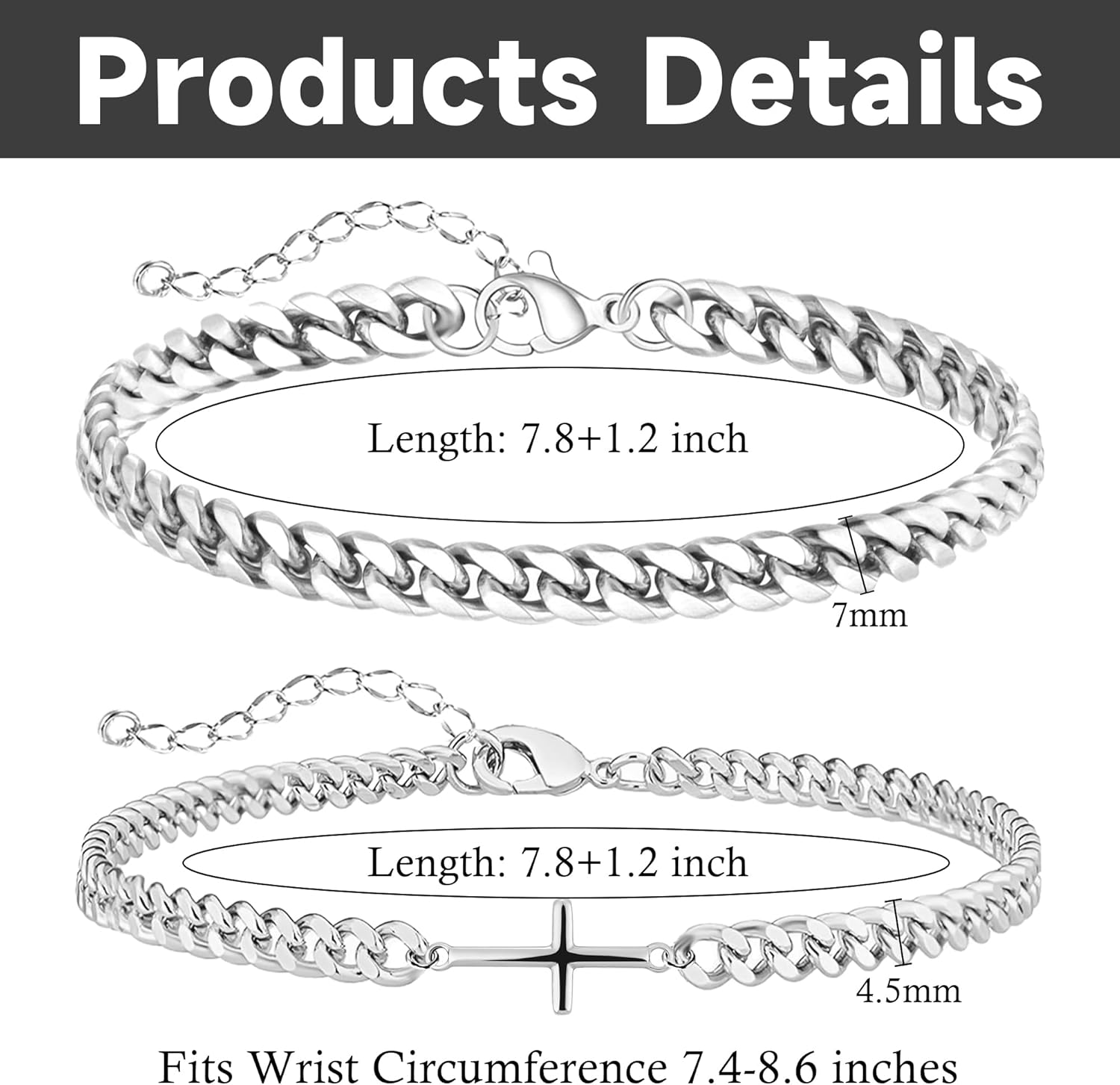 Silver and Gold Bracelet for Men, Cuban Chain Bracelet Set Water Proof Stainless Steel Bracelet for Him, Adjustable Gold Link Men Braclet as Valentines Jewelry Gifts for Boyfriend, Dad and Son - Image 4