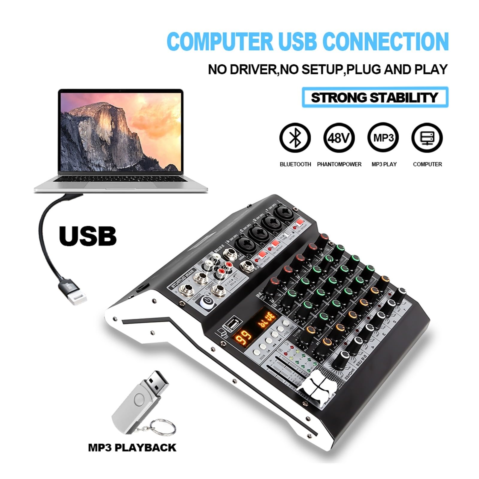 Mezclador de audio para DJ Mezclador de 6 canales 99DSP for conferencias Procesador de reverberación compatible con Bluetooth y USB Cante en con mezcladores de tarjetas de sonido