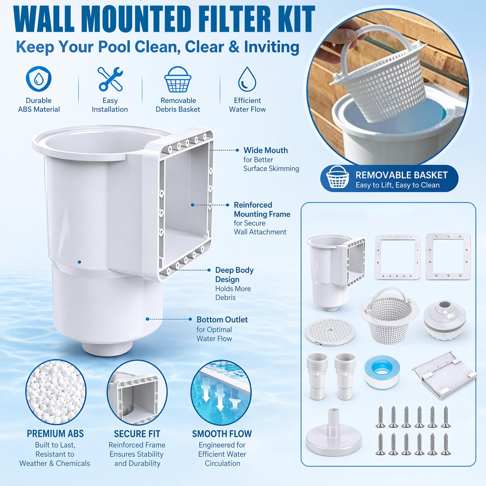 Set di skimmer per piscina con parete in acciaio e piscina fuori terra - Skimmer da incasso ad alta efficienza con grande cestello filtrante, ugello di ingresso, raccordo tubo 32/38 mm per la