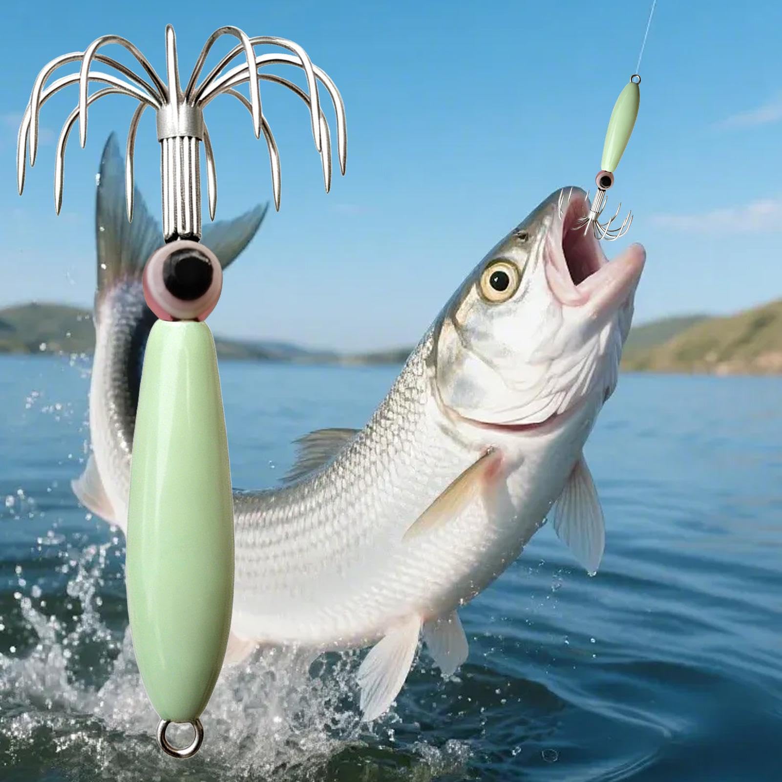 Potera De Calamar | 12 Agujas Metálicas Ligeras Antiescape - Potera de Metal Fosforescente para Calamar | para Sepia Pulpo Pesca Nocturna De Mar Zona Costera Muelle Pescadores Aire Libre