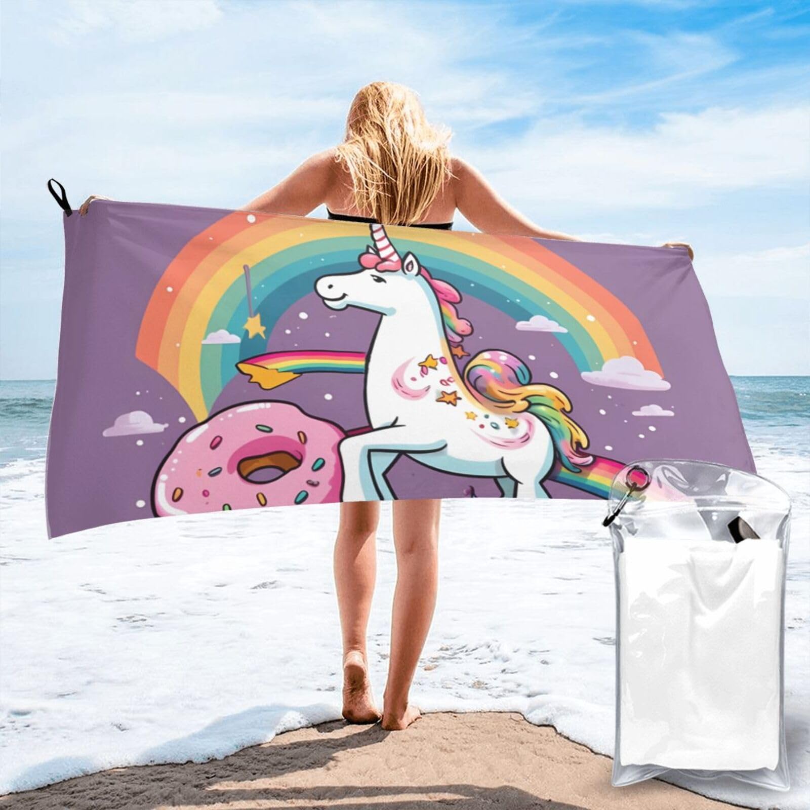 DWVTSLH Microfiber Sand Free Beach Towel 31.5"x63", Quick Dry Absorbent Travel Towel Large Camping Blanket, Horse Doughnut Rainbow Bath Towels Lightweight Pool Swim Towels for Vacation Essentials