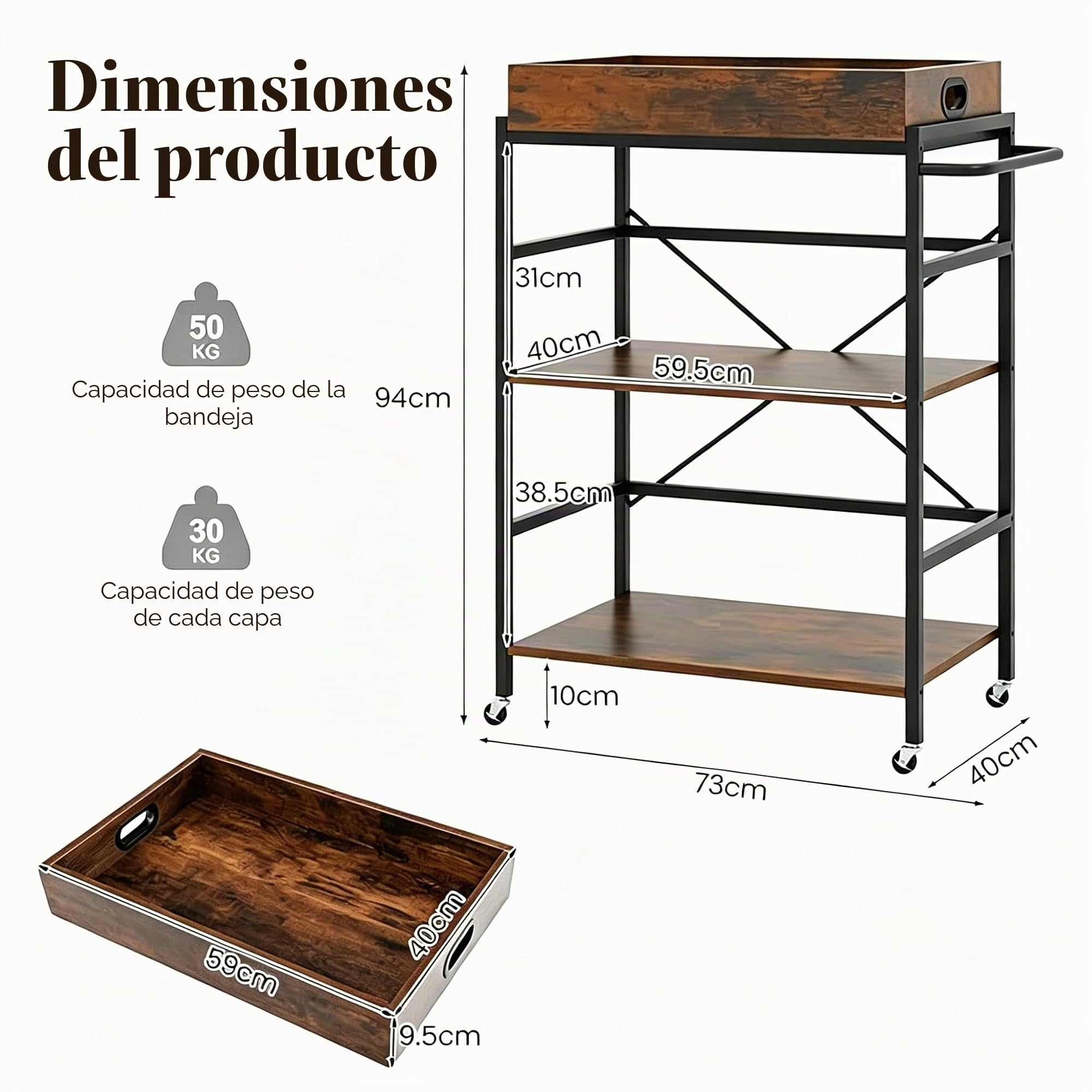 KOMFOTTEU Carrito de Servicio de 3 Niveles, Carrito de Cocina con Bandeja Extraíble, Carro Auxiliar con Ruedas y Asa, Carro de Almacenaje Industrial para Comedor, Salón, 73 x 40 x 93 cm