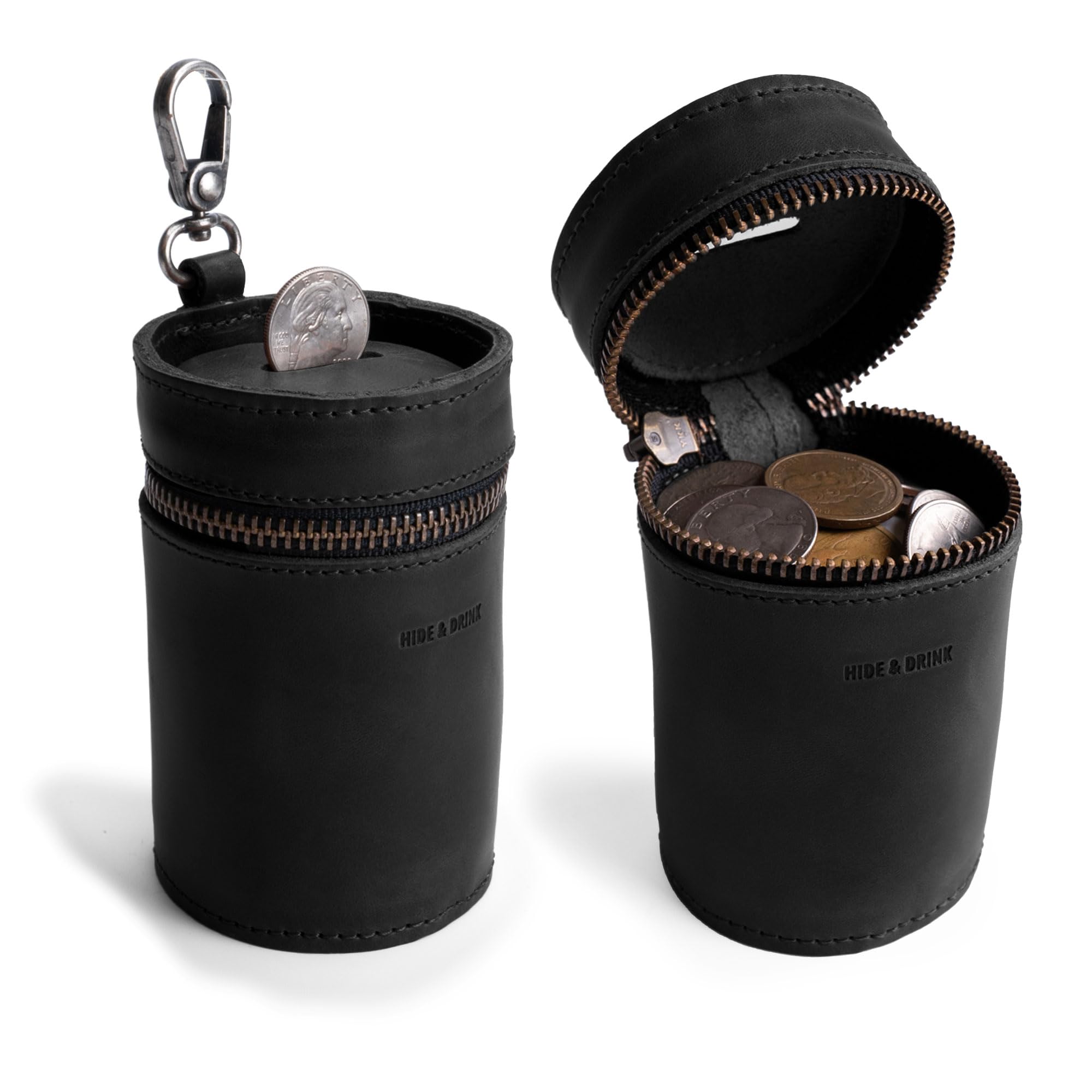 Hide & Drink, Money Box, Piggy Bank Bucket, Zippered Pouch, Cash Organizer, Coin Case, Full Grain Leather, Handmade (Charcoal Black)