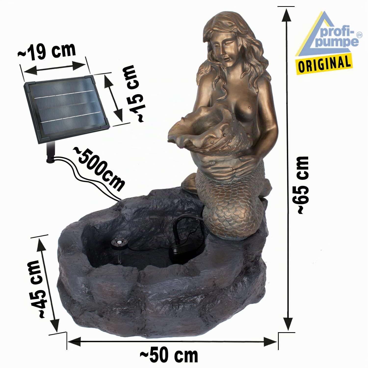 Fuente Solar para jardín MEERJUNGFRAU Am TEICH, Cascada, luz para jardín Bomba para Estanque para balcón Modelo con función de Arranque instantáneo de la Bomba con batería de Iones de Litio y luz LED