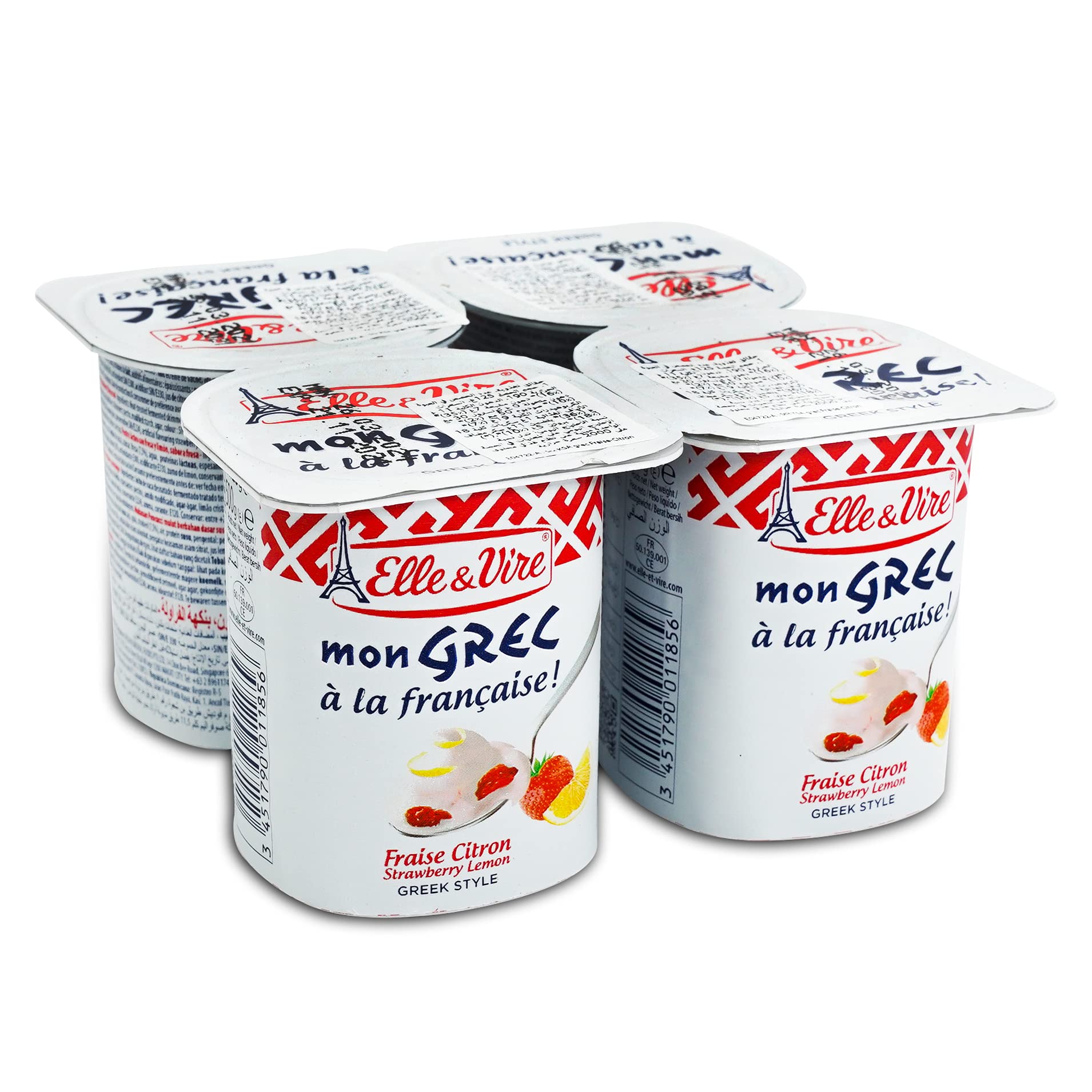 Elle & Vire Greek Healthy & Tasty Yogurt With Strawberry/Lemon Flavor ,Rich Nutritious High Protein & Calcium , High In Vitamins B & And Trace Minerals ,Increase Energy & Immune System - 4X125 Gram