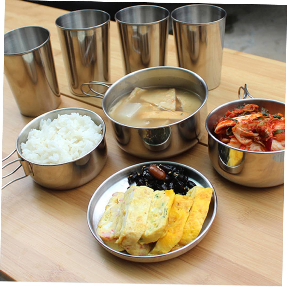 Hemobllo 8pcs Ensemble de Casseroles de Pique en Acier Inoxydable Bol Assiette Tasse pour Randonnée Camping Chasse | Poignée Pliable, Poignée Isolante Thermique, Format Compact pour Randonnée et Barbecue