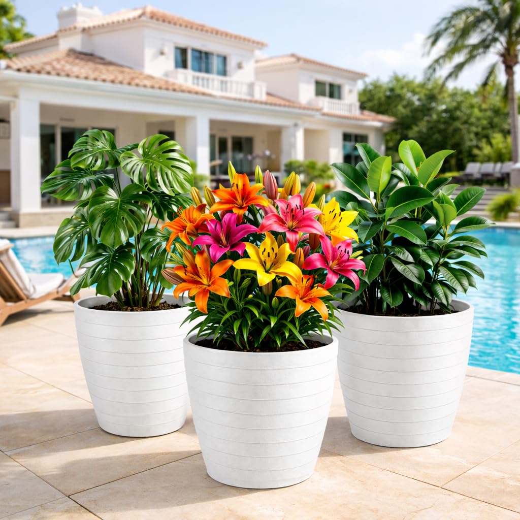 Maceteros Decorativos Interior y Maceteros Grandes Exterior - 3X Macetas Grandes Blanco Elegante (30 cm) Macetas Plastico con Drenaje - Tiestos para Plantas, Jardín, Terraza y Balcón — view 7