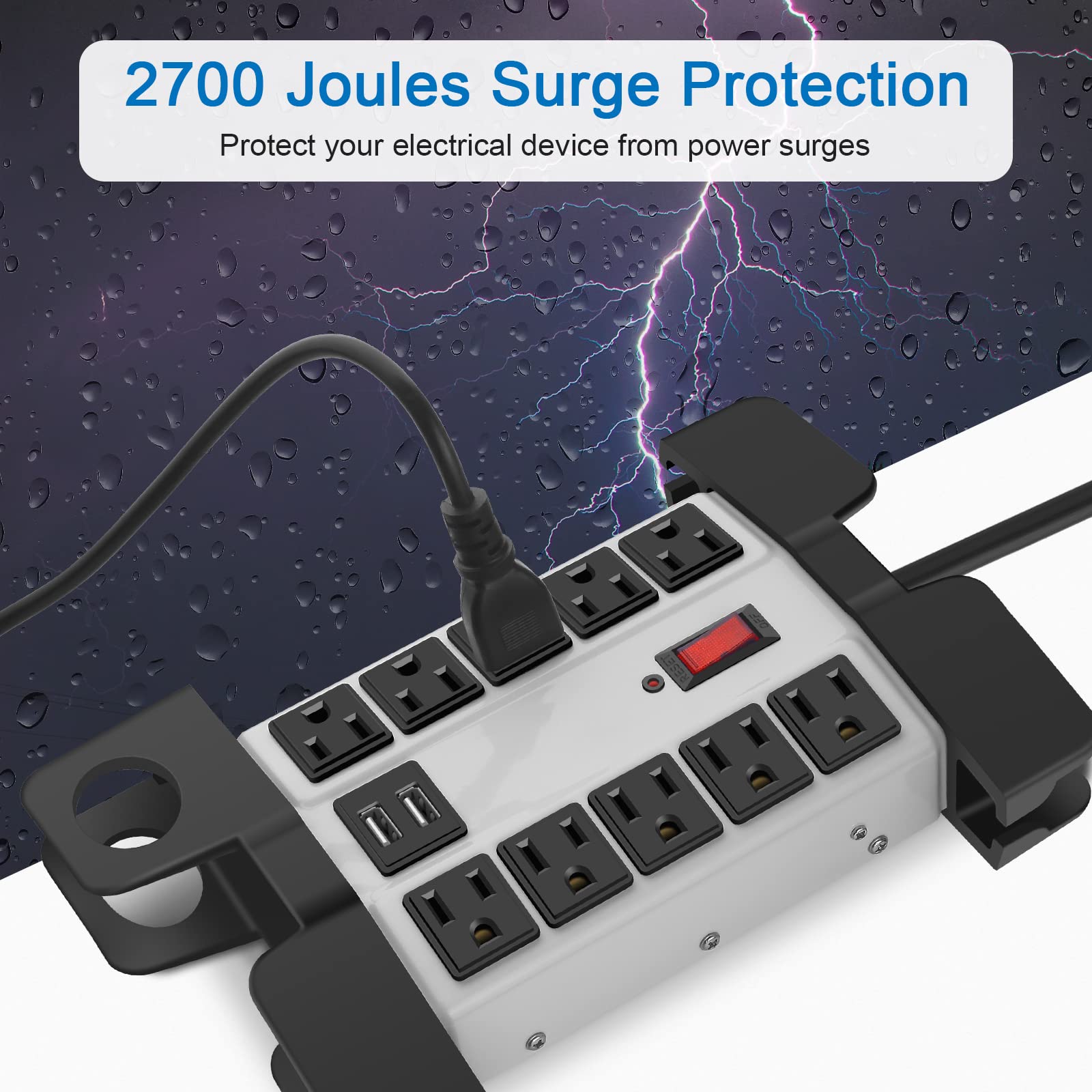 CCCEI - Regleta de alimentación resistente con puertos USB, 10 tomas, protector de sobretensiones de 2700 julios, taller industrial de metal, 15 amperios, múltiples tomas, cable de extensión