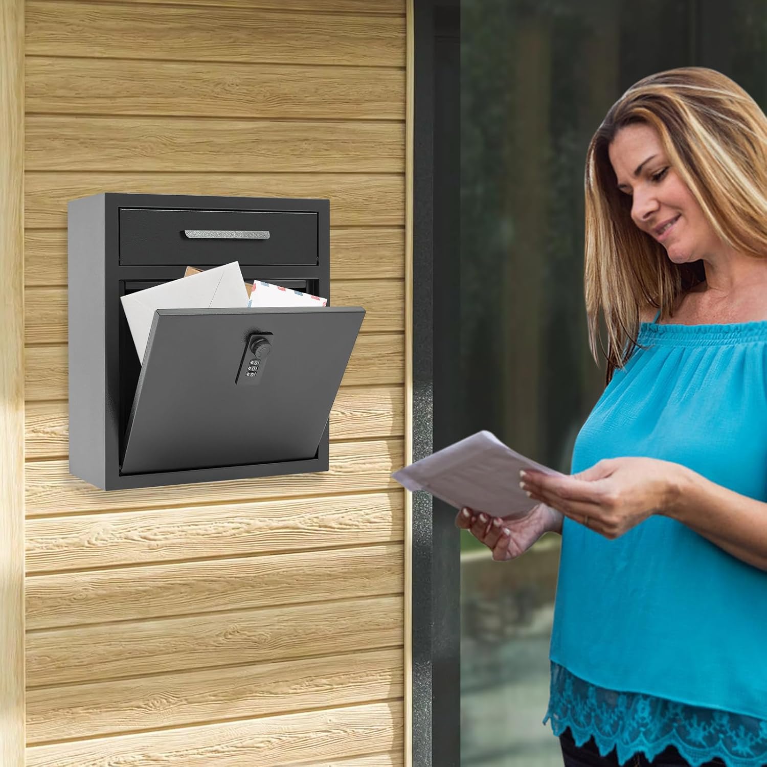 Mail Box, Wall Mount Secured Postbox Security Key Drop Box with Combination Lock Anti-Thief & Waterproof Design Versatile Secure Mailbox for Office,Hotel & Home Use (Black)