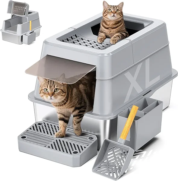 Stainless Steel Litter Box with Lid, XL Closed Metal Litter Box Modular Design with Flip Lid Fits All Cats, Extra Large Covered High Sided Cat Box, Scoop, Non-Sticky, Easy Cleaning, Grey