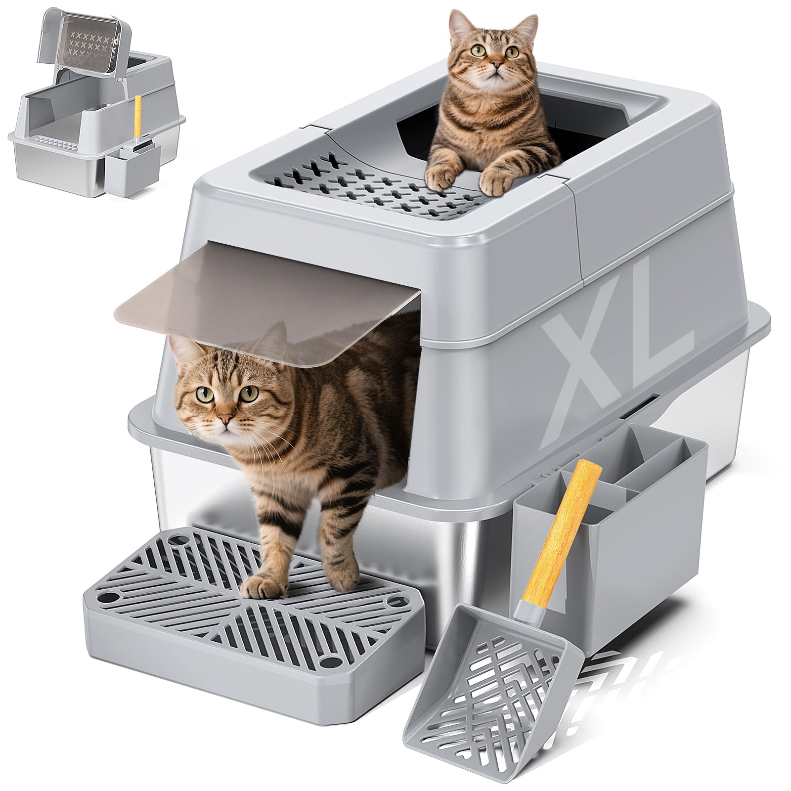 Stainless Steel Litter Box with Lid, XL Closed Metal Litter Box Modular Design with Flip Lid Fits All Cats, Extra Large Covered High Sided Cat Box,
