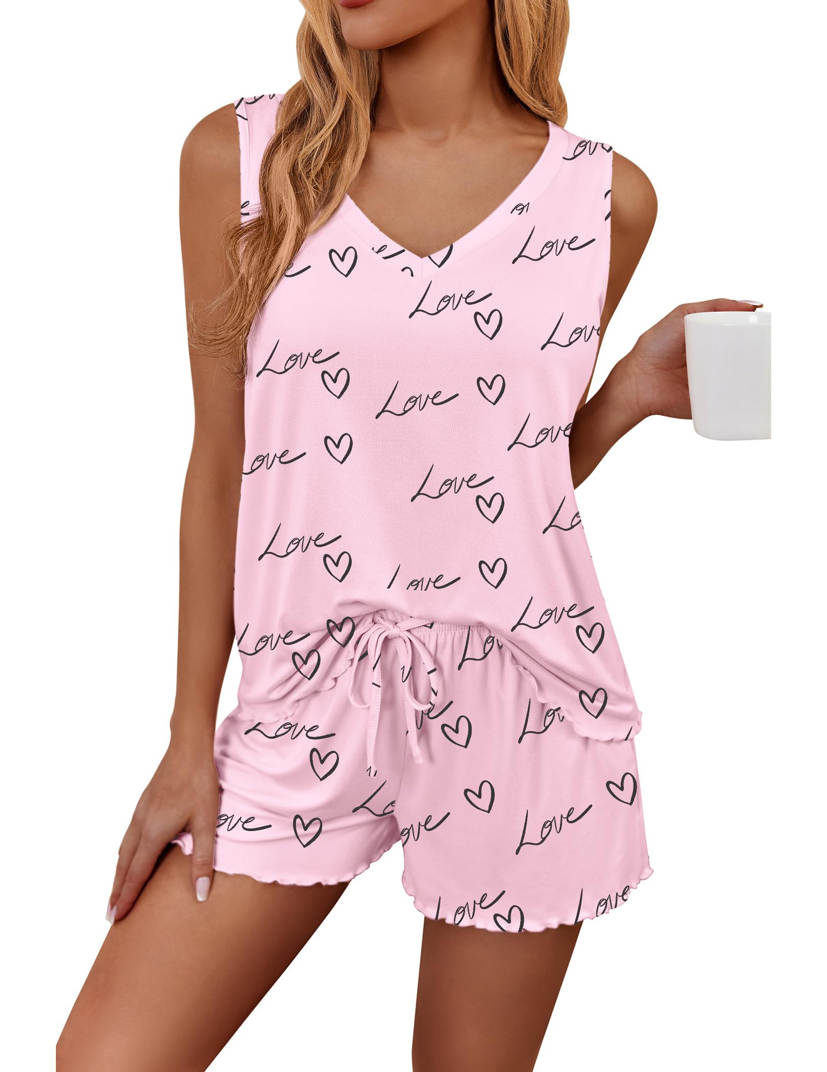 Ekouaer Womens Pajamas Sets Soft Comfy Sleeveless Sleepwear Tank and Shorts Pj Set Summer 2 Piece Loungewear