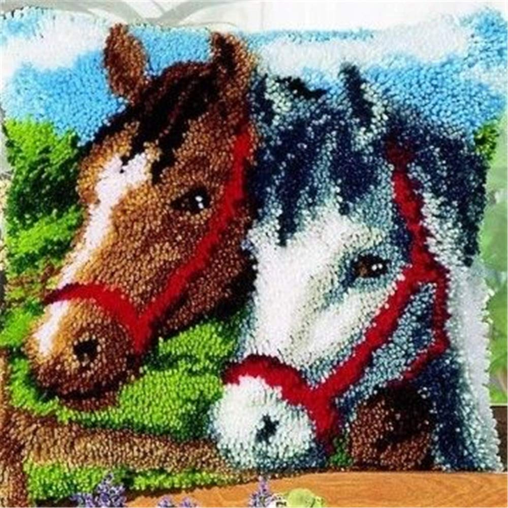 DL-YTGDIY Latch Hook Kits Yarn Kits Pillow Rug Pattern Arts and Crafts Crochet Needlework（Horse：16x16in/40x40CM）