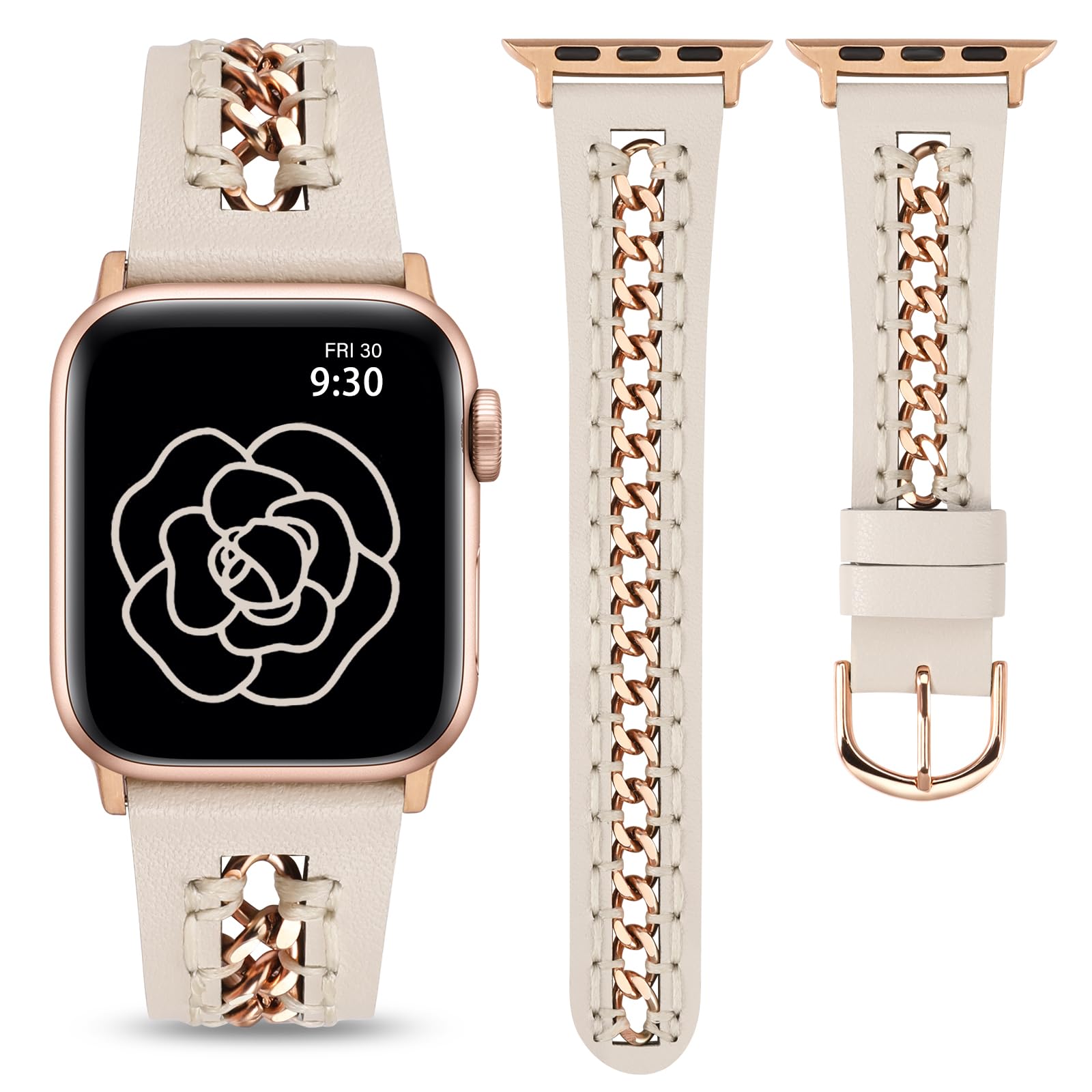 Minyee Leather Band Compatible with Apple Watch Bands 38/40/41/42/44/45/46/49mm Women, Dressy Premium Leather Strap with Stainless Steel Metal Chain