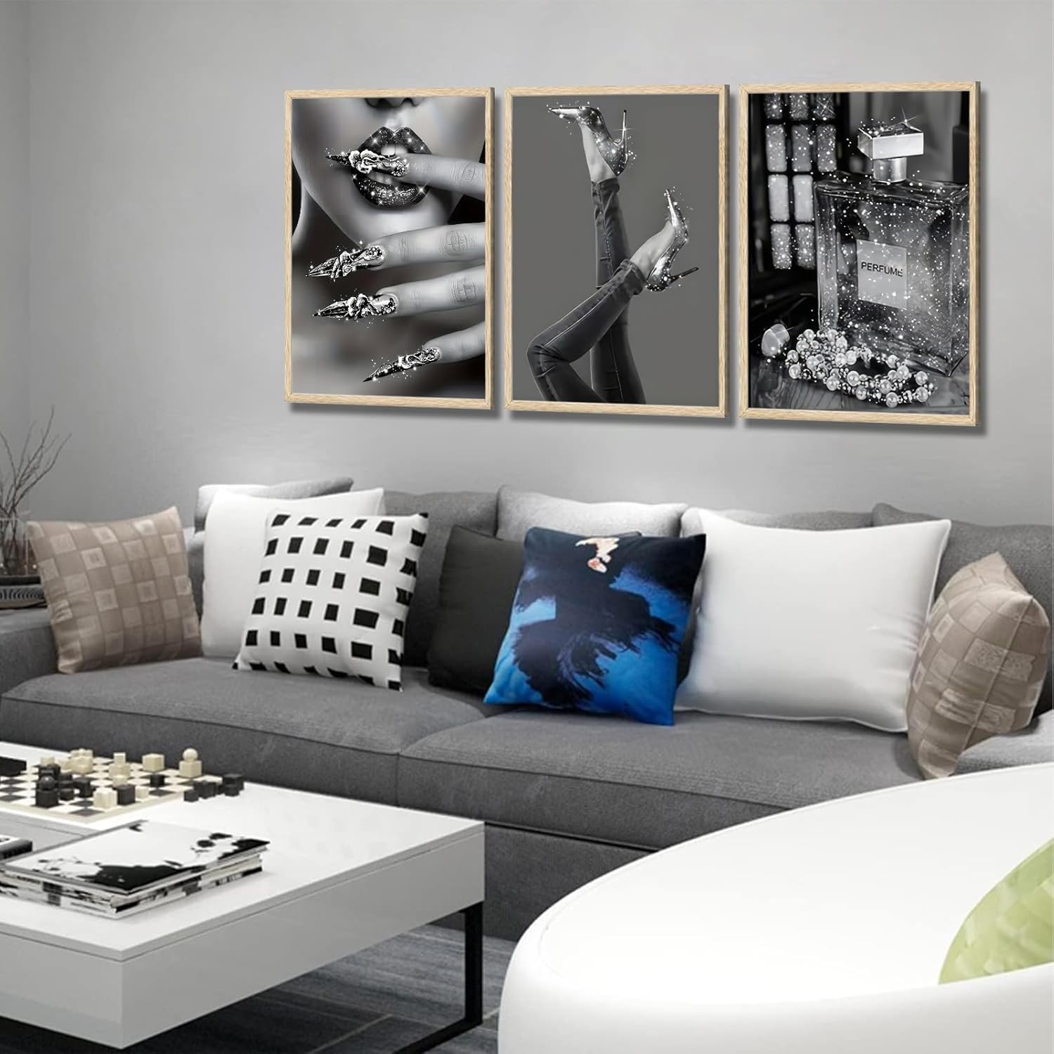 Modern Fashion Woman Wall Art Black and white stylish wall decor pictures High Heels Lipstick Perfume Painting Artwork Luxurious Shiny Prints for Bathroom Bedroom Office Decoration 16x24IN Poster