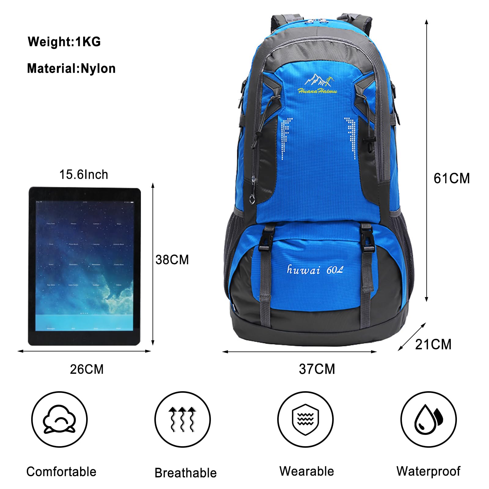 60L Zaino da Trekking Zaino Impermeabile Zaini Grande Hiking Backpack per Donna Uomo Campeggio Arrampicata Viaggio Sport Blu
