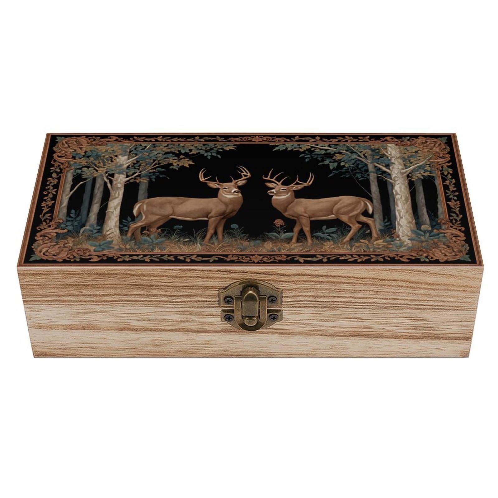 SMAZDFXX Deer Wooden Keepsake Box Vintage Solid Wood with Hinged Lid 7.9"×3.7"×2.3" Metal Latch Rustic Home Decor for Jewelry Photos And Trinkets