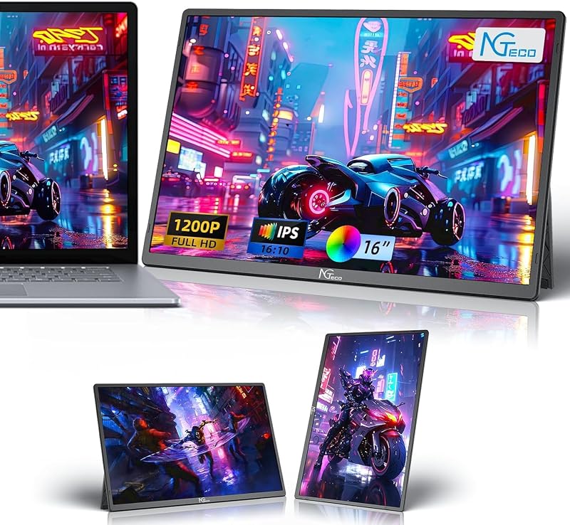 NGTeco 16 hüvelykes hordozható monitor FHD 1200P USB-C HDMI gaming kijelző intelligens tokkal