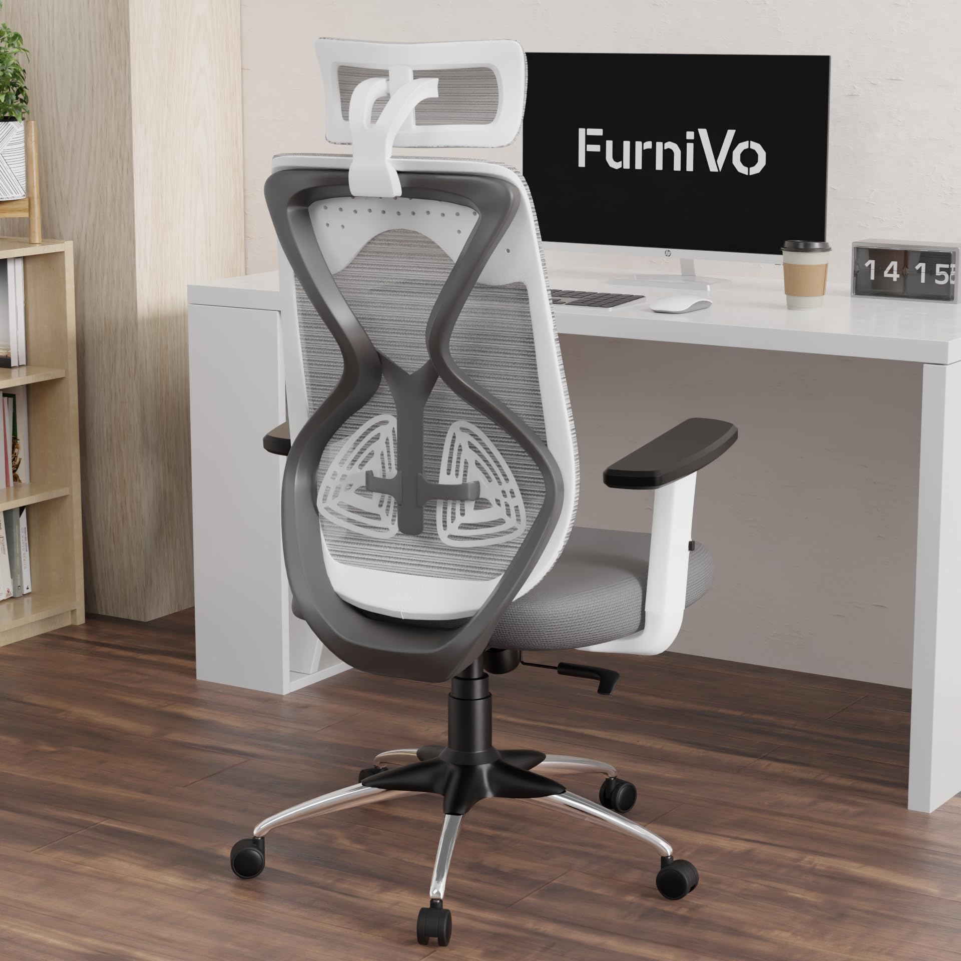 Furnivo Titan Ergonomic Office Chair for Home & Office | Adjustable Armrests | 120 Recline | Lumbar Support | Thick Cushioned Seat | Heavy-Duty Base | 3 Years Warranty (White Grey)