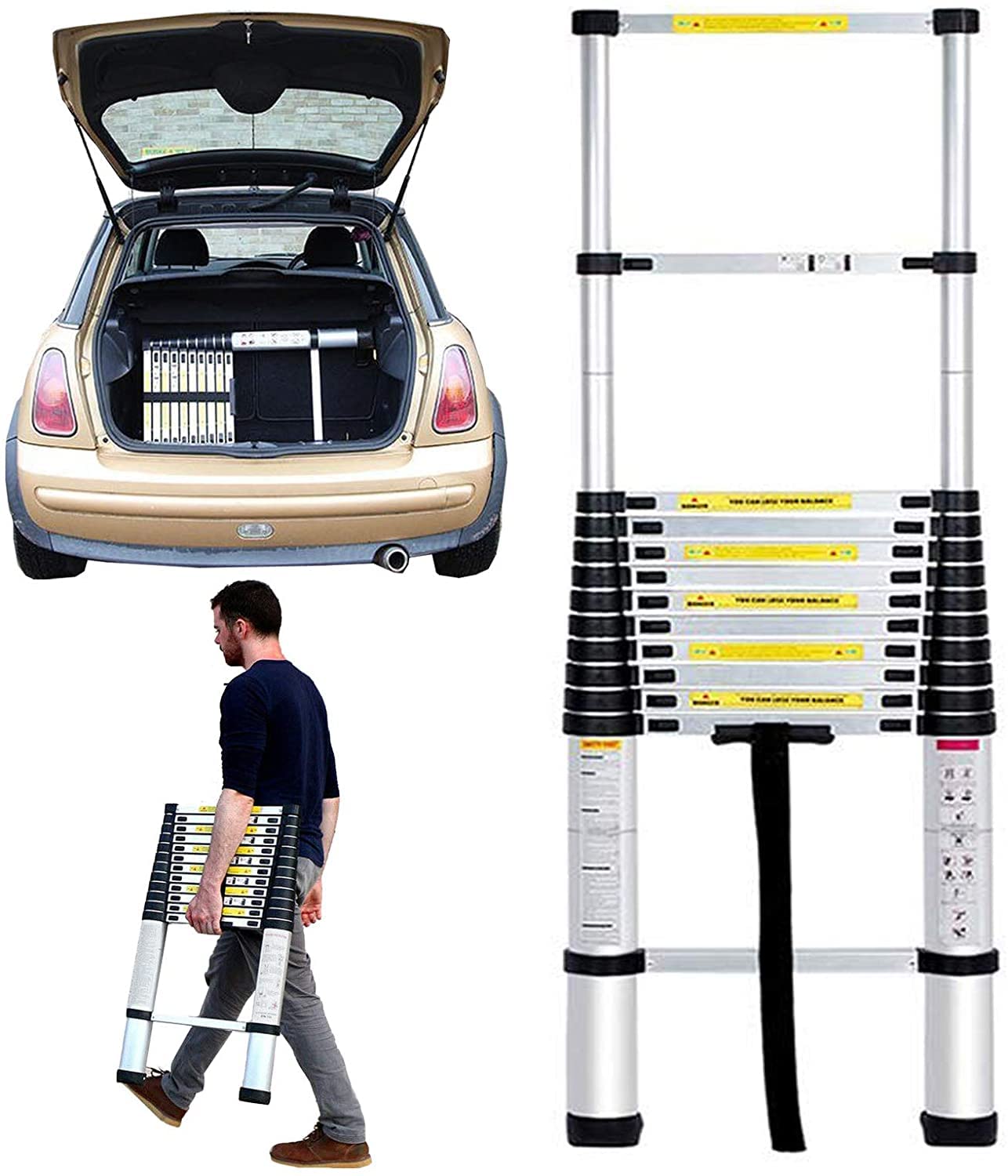Escalera telescópica plegable de 2,6 m, escalera de peldaños de aluminio, antideslizante, fácil de transportar, EN131, capacidad de carga de 150 kg