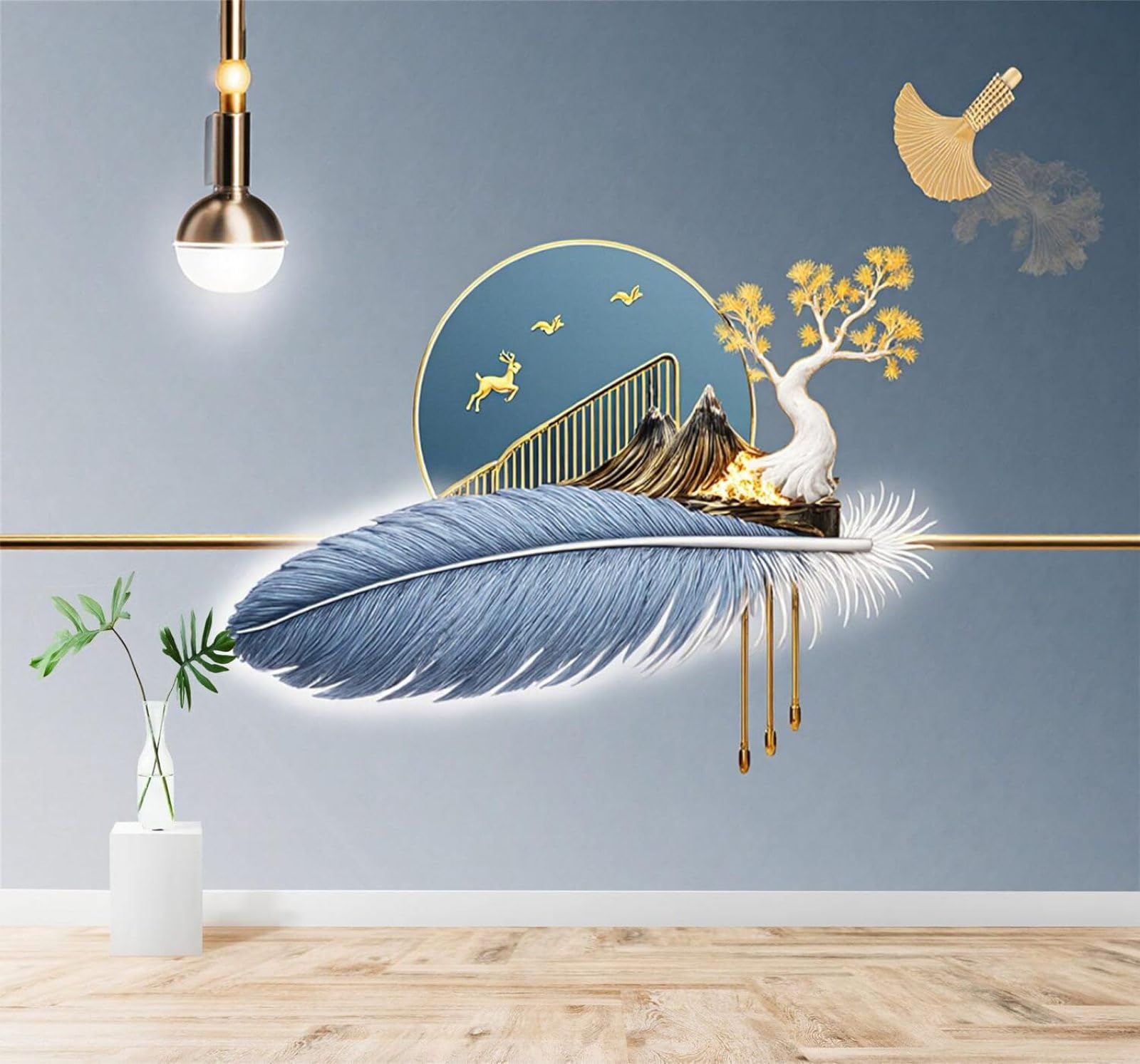 XLMING Golden Deer Feathers Trees Mountains Abstract Art 3D Wallpaper Premium Textured Silk Study Dining Living Room Bedroom Sofa TV Wall Easy Install-430cm×300cm