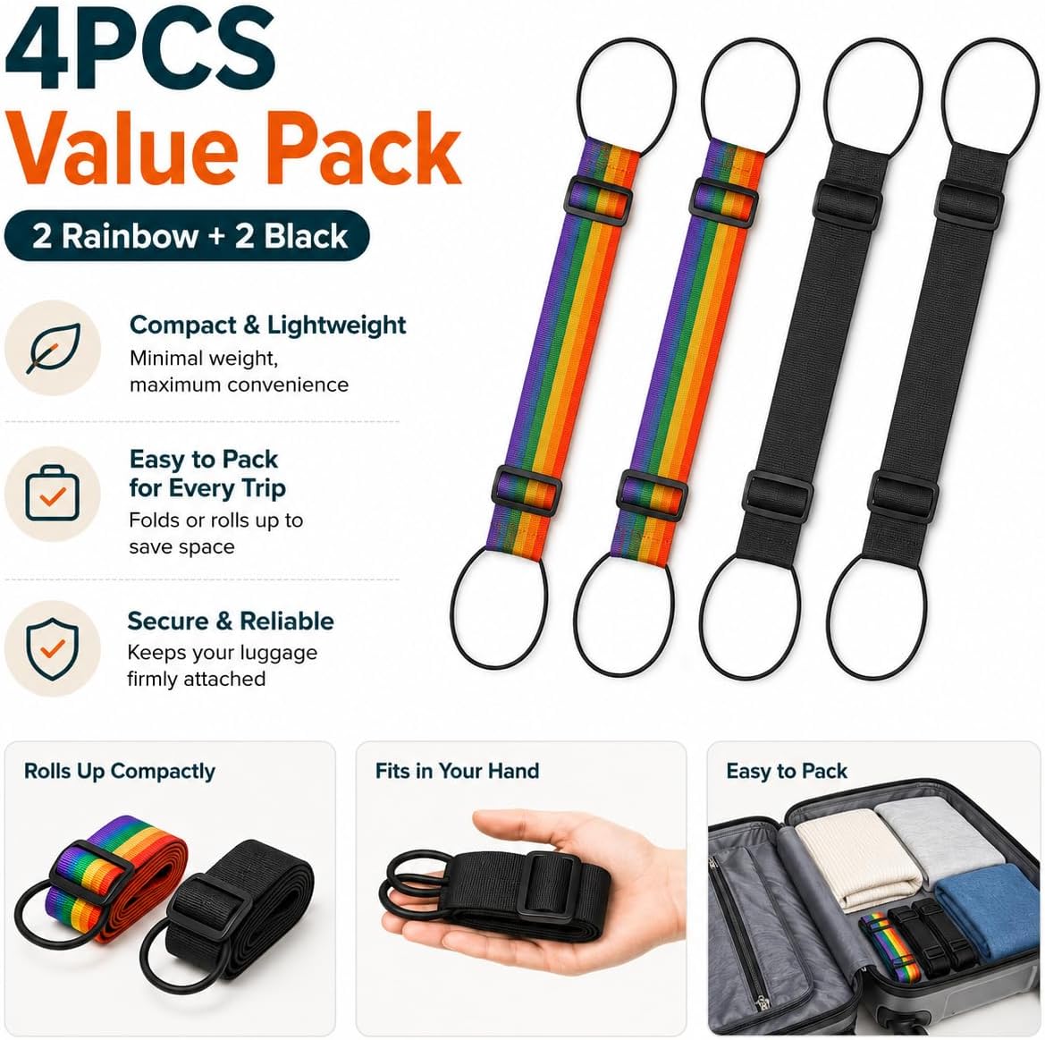 4Pcs Rainbow Black Adjustable Elastic Luggage Connector Straps for Multiple Suitcases, Multi-Functional Travel Suitcase Belts for Luggage Fixing & Item Organization