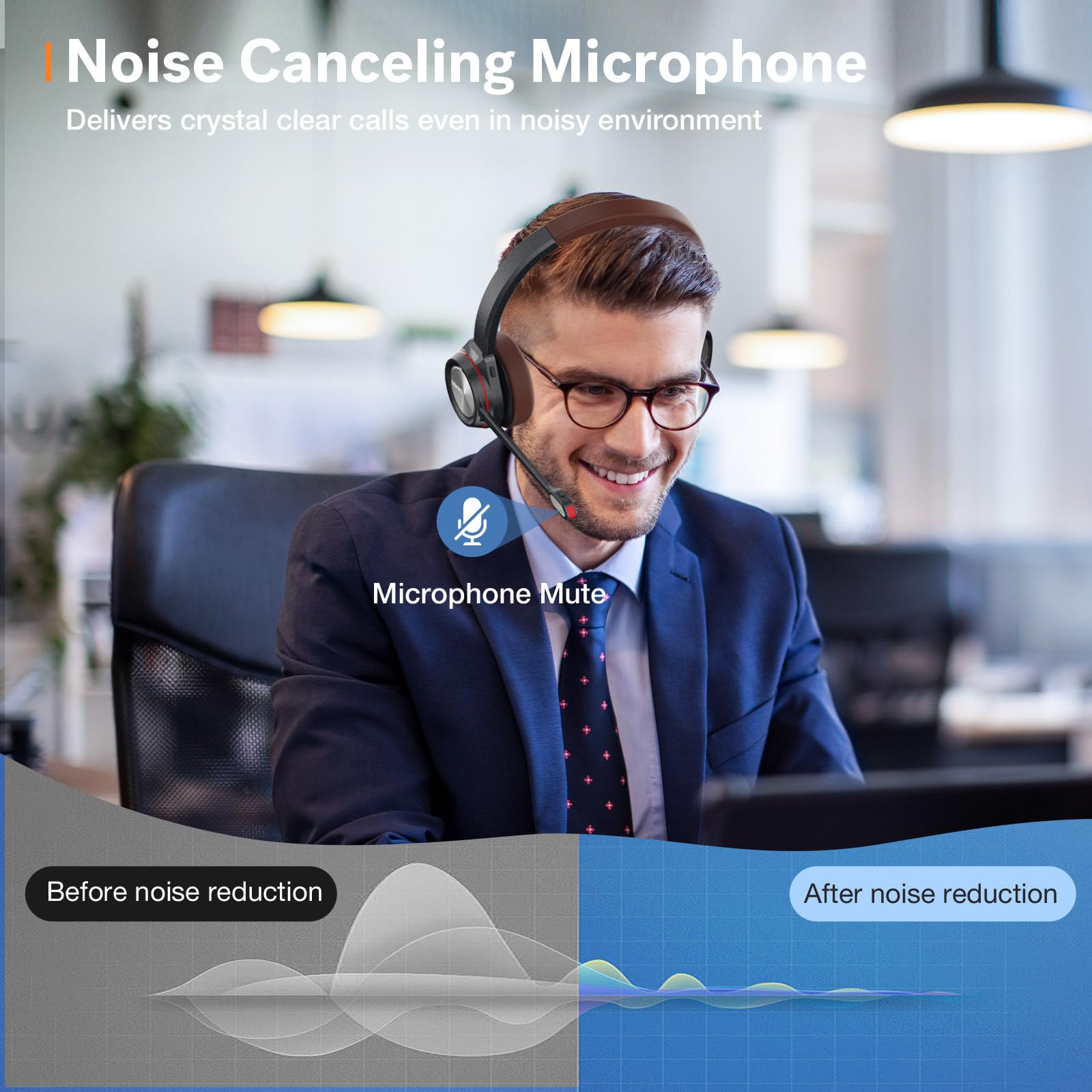 MAIRDI Auriculares Bluetooth con micrófono para PC, tiempo de reproducción de 40 horas, auriculares inalámbricos con cancelación de ruido para oficina, trabajo, teléfono, centro de llamadas, equipos